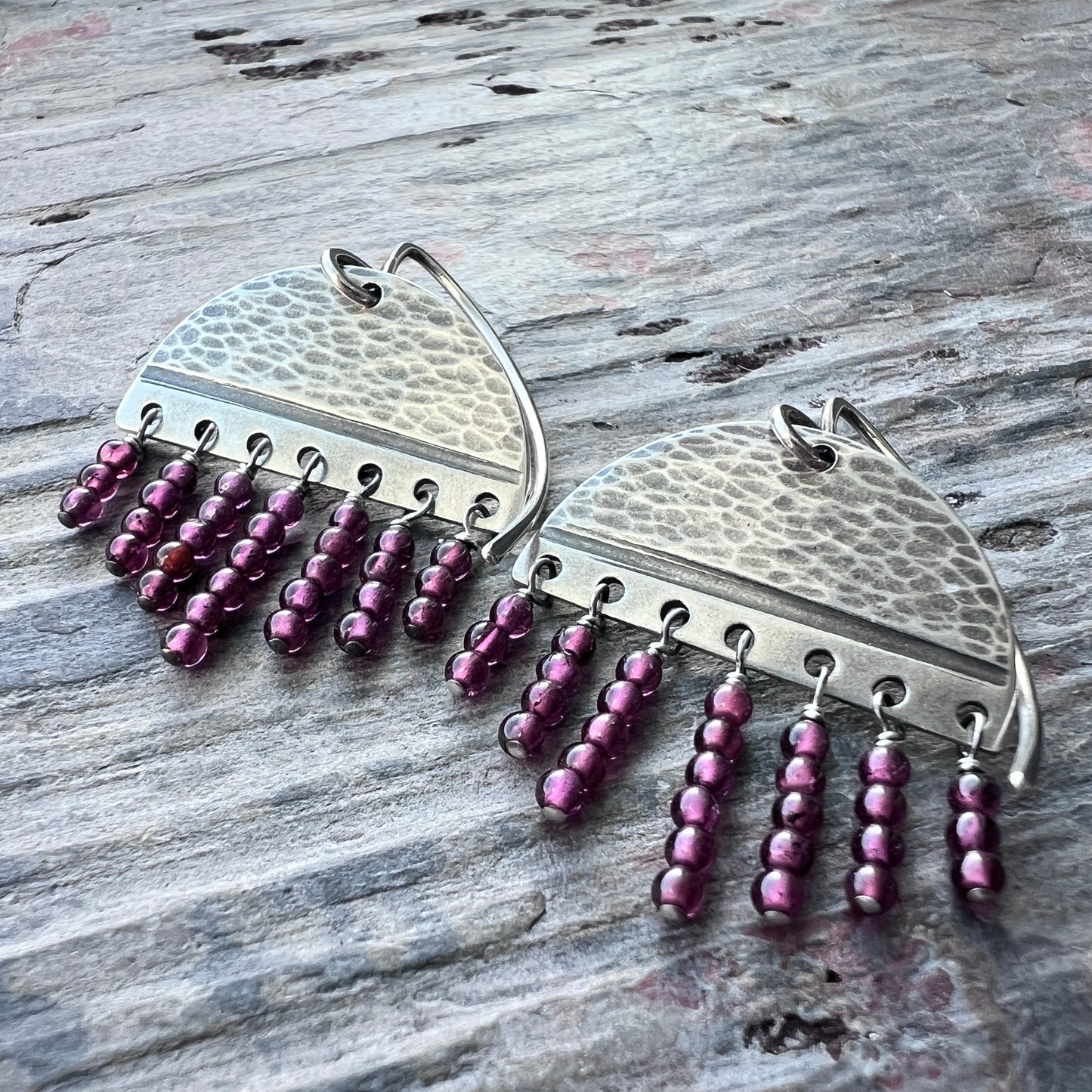 Garnet Sterling Silver Earrings | Hammered Silver and Genuine Garnet Fringe Dangles