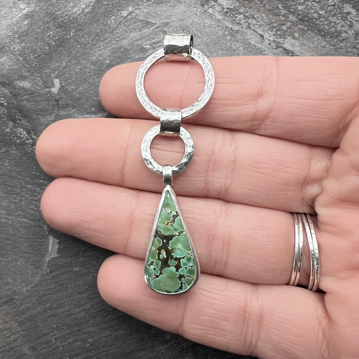 Sterling Silver Genuine Turquoise Necklace | Hammered Rings and Green Natural Stone Teardrop Pendant