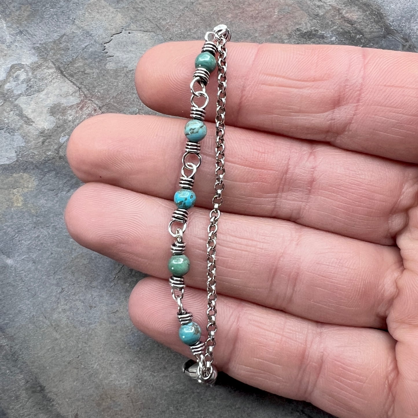 Sterling Silver Turquoise Bracelet | Genuine Turquoise Wire-wrapped Chain Bracelet