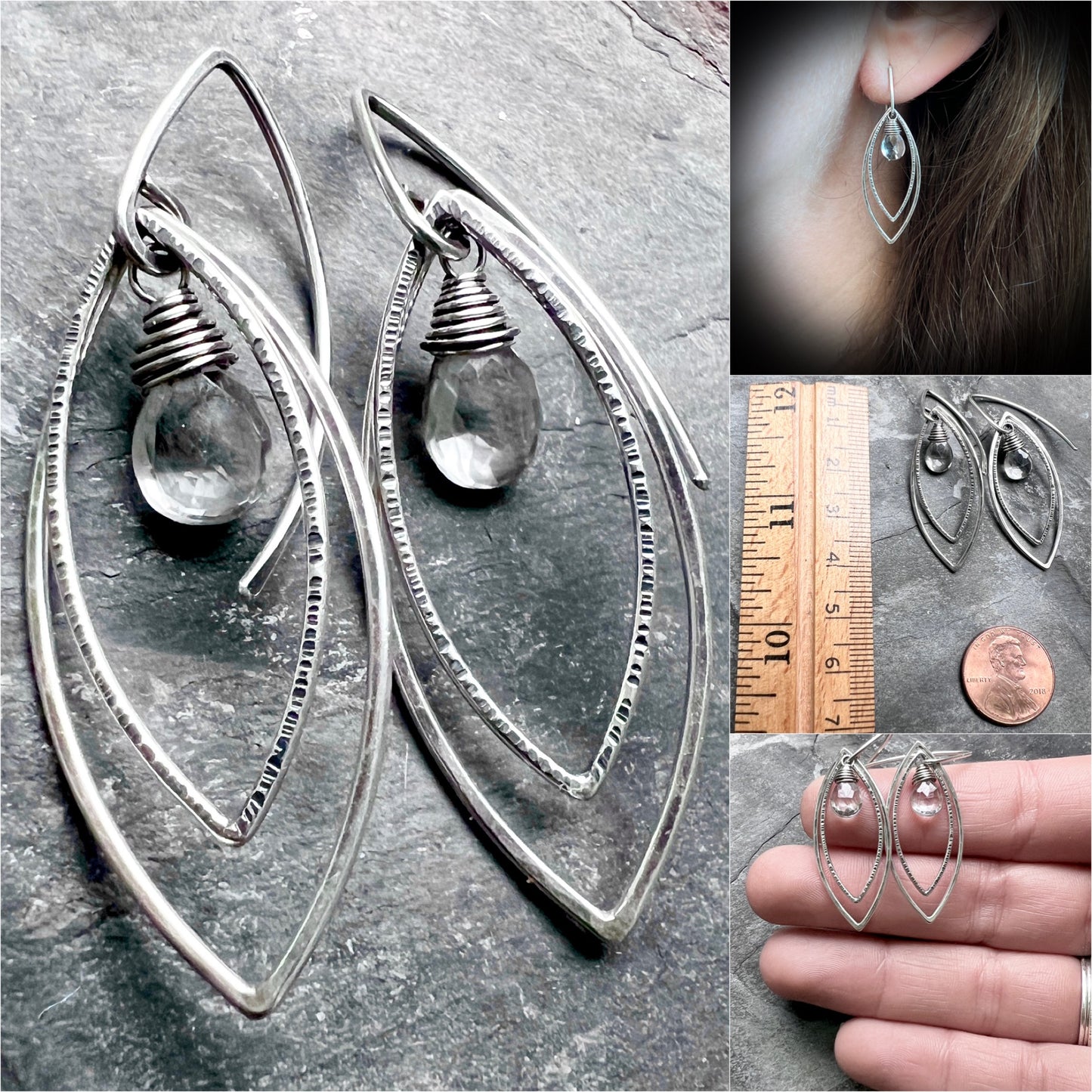 Sterling Silver Crystal Quartz Earrings | Clear Natural Stone Hammered Marquise Dangles
