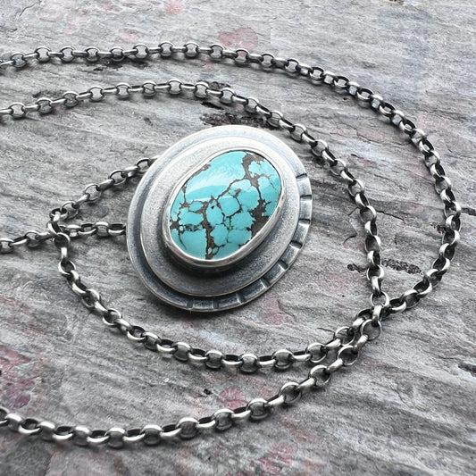 Sterling Silver Genuine Turquoise Necklace | Natural Stone Layered Oval Pendant