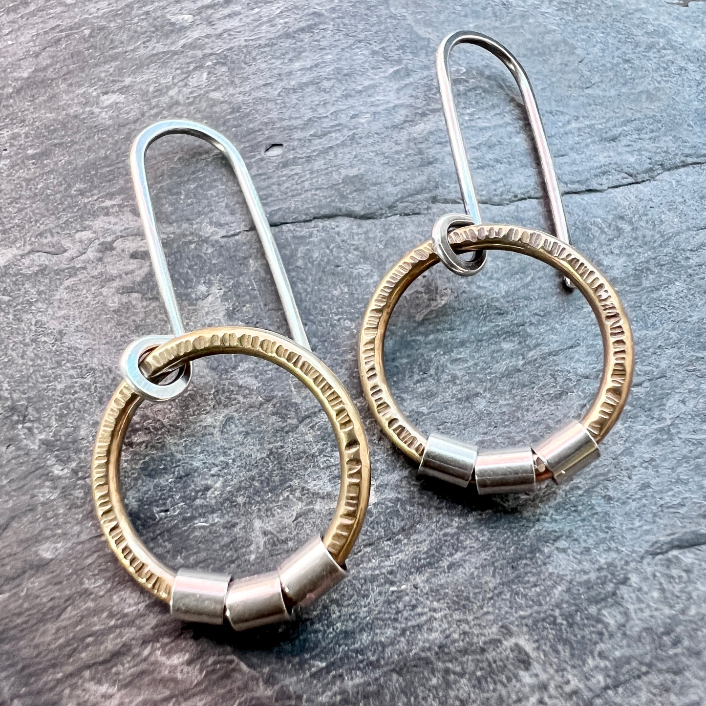 Sterling Silver and Brass Dangle Earrings | Mixed Metal Golden Brass Circles with Silver Beads