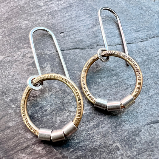 Sterling Silver and Brass Dangle Earrings | Mixed Metal Golden Brass Circles with Silver Beads