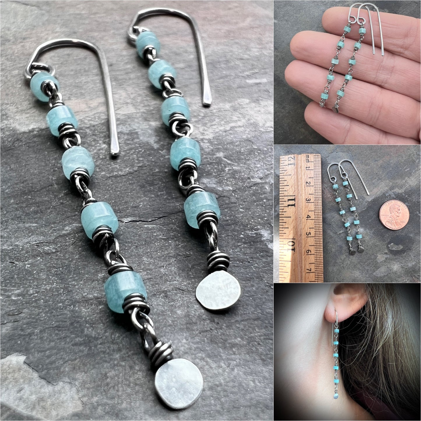 Sterling Silver Amazonite Earrings | Aqua Natural Stone Long Dangle Earrings