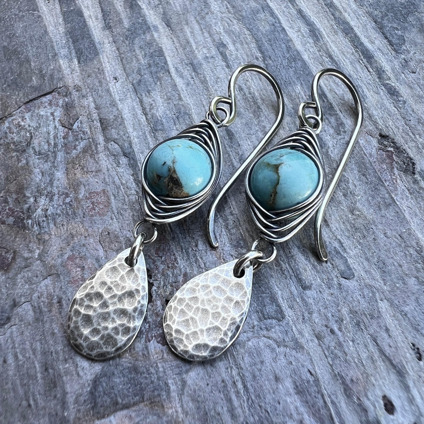 Genuine Turquoise Sterling Silver Earrings | Wire-wrapped Natural Stone and Hammered Teardrop Dangles