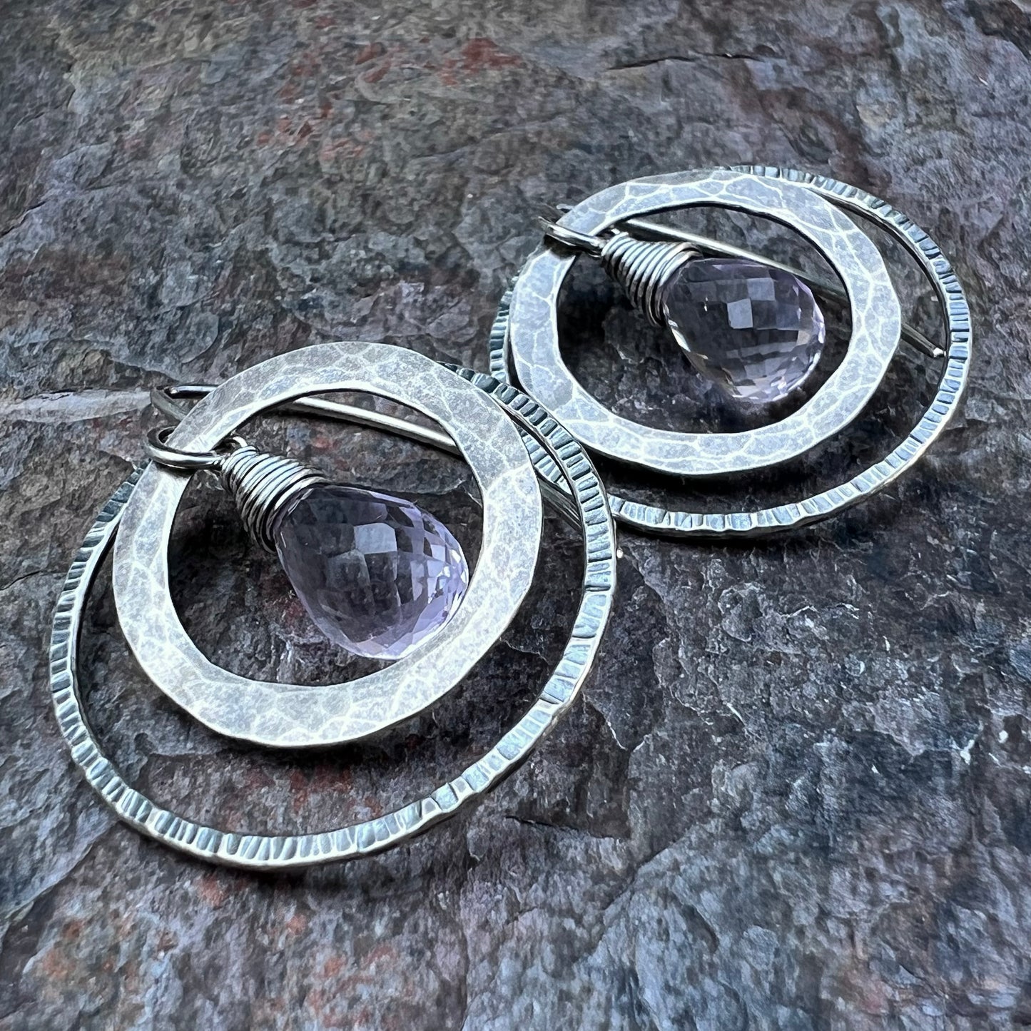 Pink Amethyst Sterling Silver Earrings - Genuine Pink Amethyst in Hammered Sterling Silver Circles