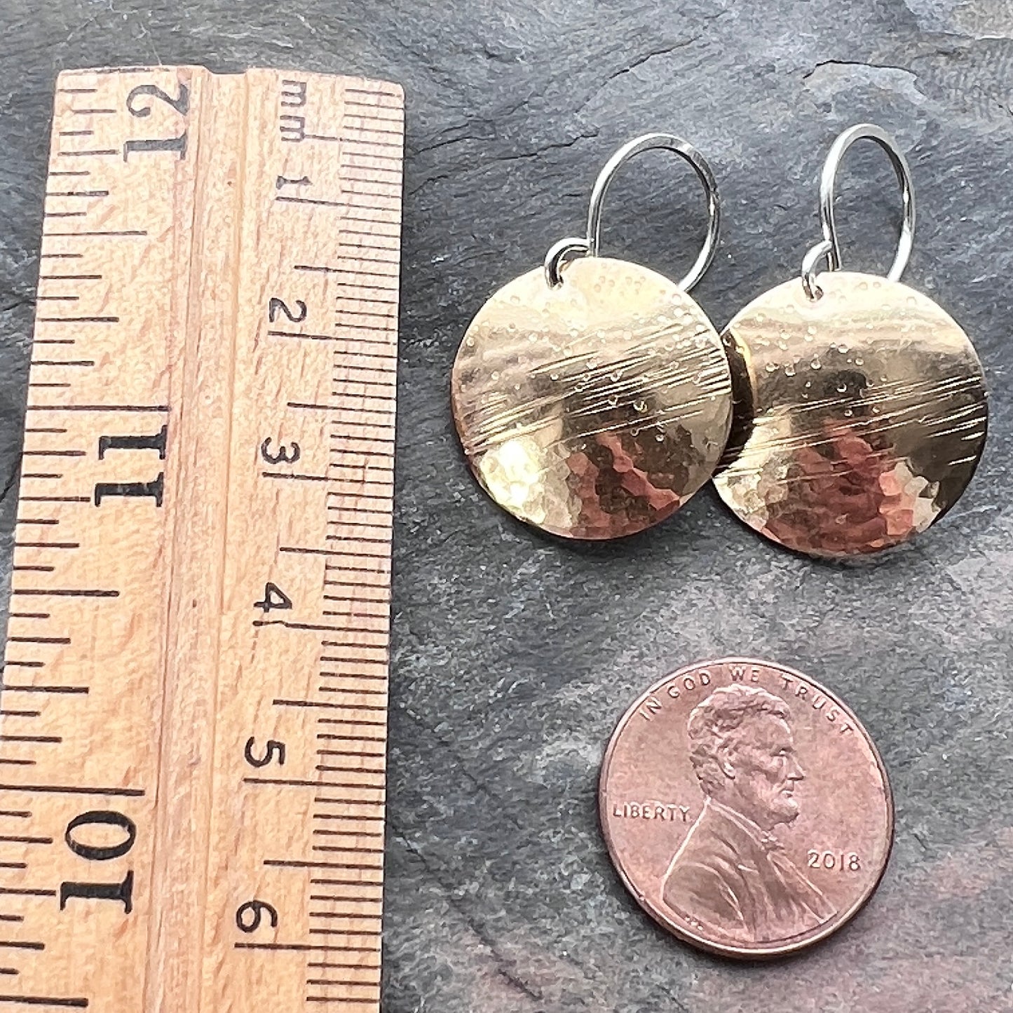 Brass and Sterling Silver Circle Earrings | Multi Textured Hammered Disc Dangles