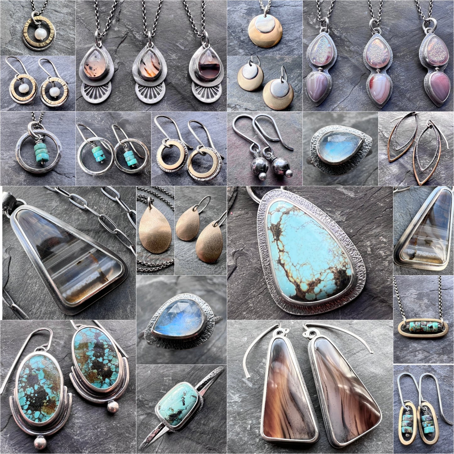 Sterling Silver Montana Agate Earrings | Brown Triangular Stone Cabochon Large Dangles