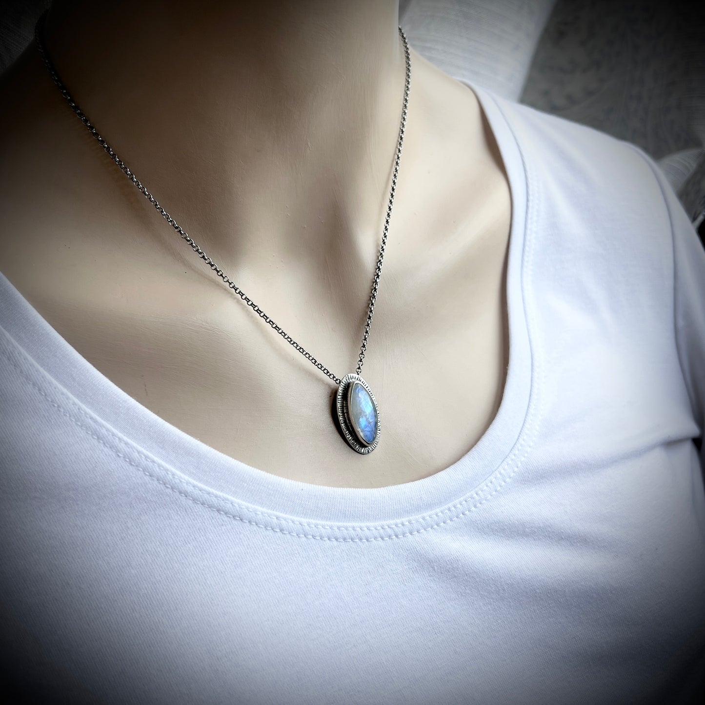 Sterling Silver Rainbow Moonstone Necklace | One-of-a-Kind Natural Stone Marquise Pendant