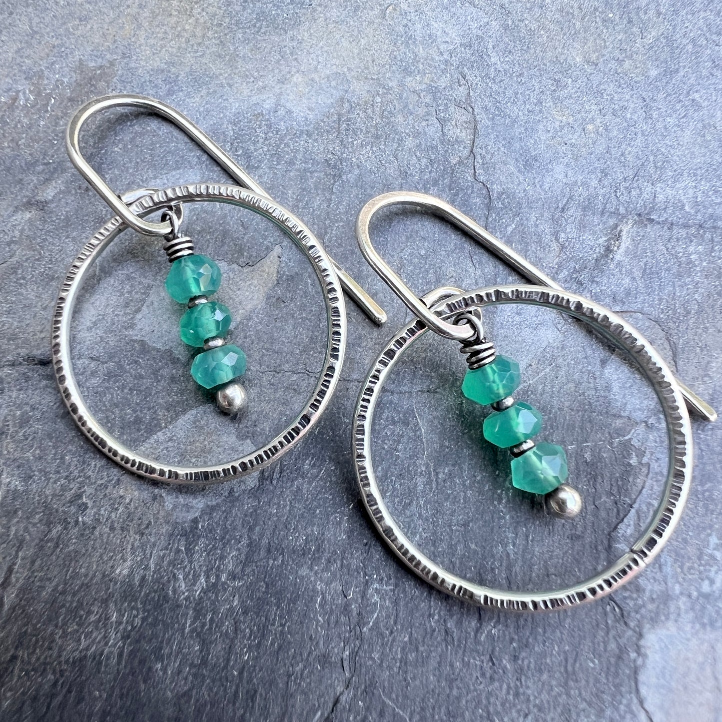 Green Onyx Sterling Silver Earrings | Emerald Green Natural Stone Dangle Hoops