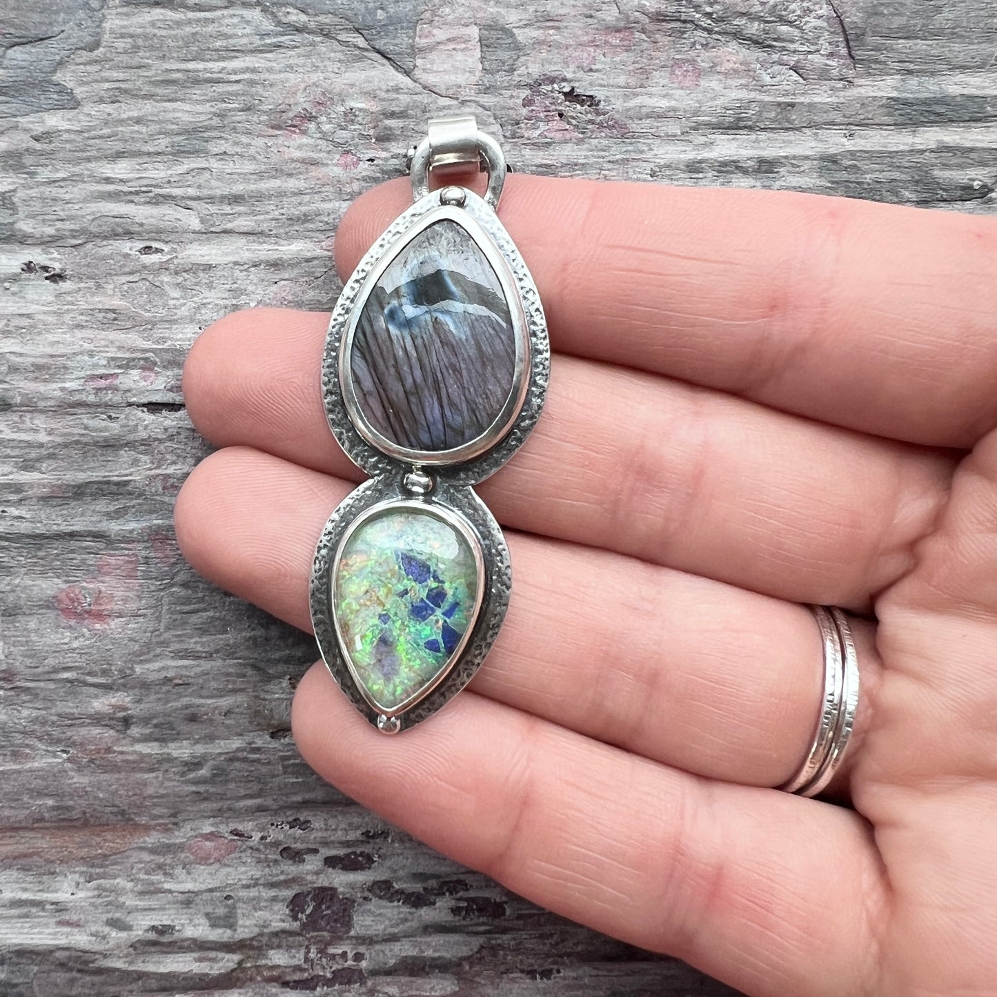 Sterling Silver Labradorite and Monarch Opal Pendant Necklace