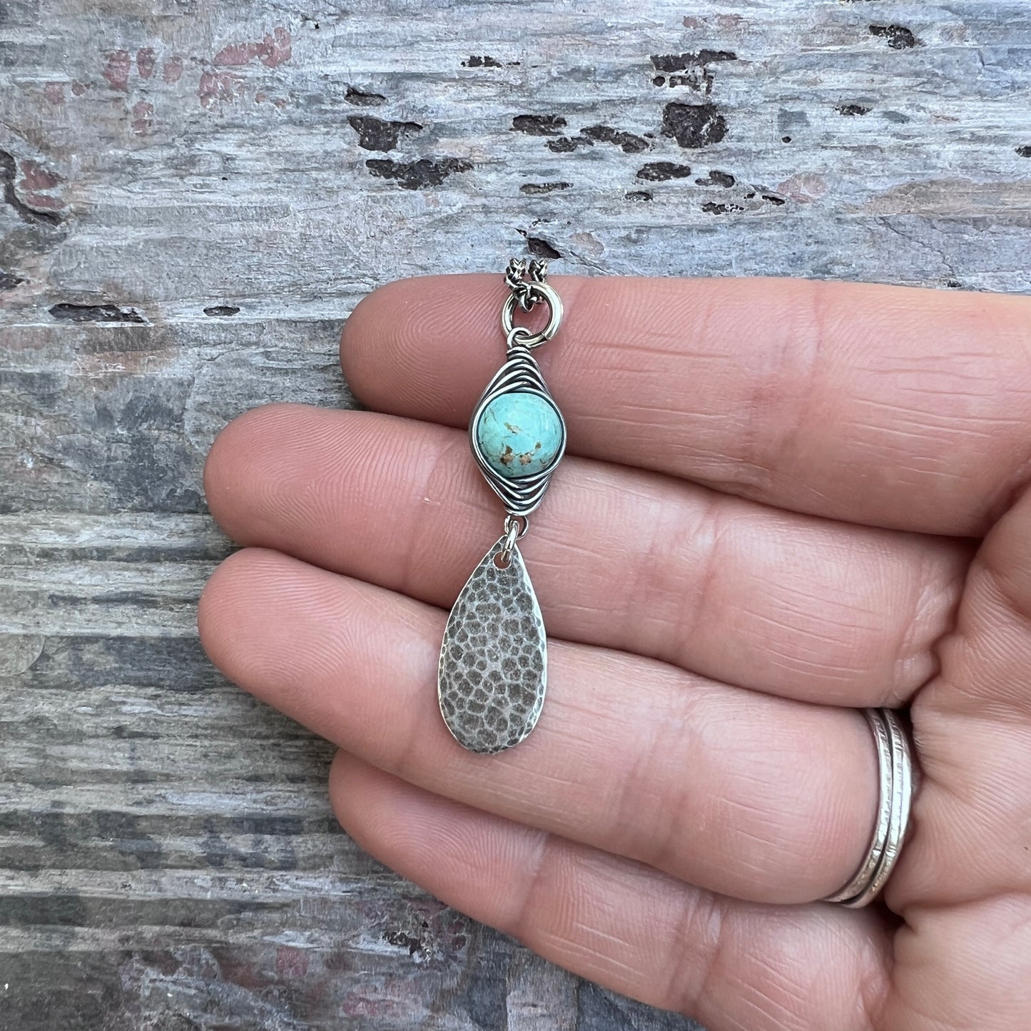 Genuine Turquoise Sterling Silver Necklace | Wire-wrapped Natural Stone and Hammered Teardrop Pendant