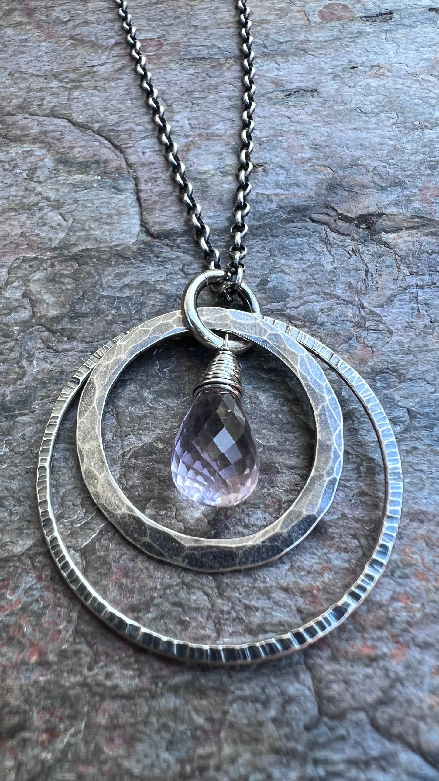 Pink Amethyst Sterling Silver Necklace - Genuine Pink Amethyst and Hammered Sterling Silver Pendant on Sterling Silver Chain