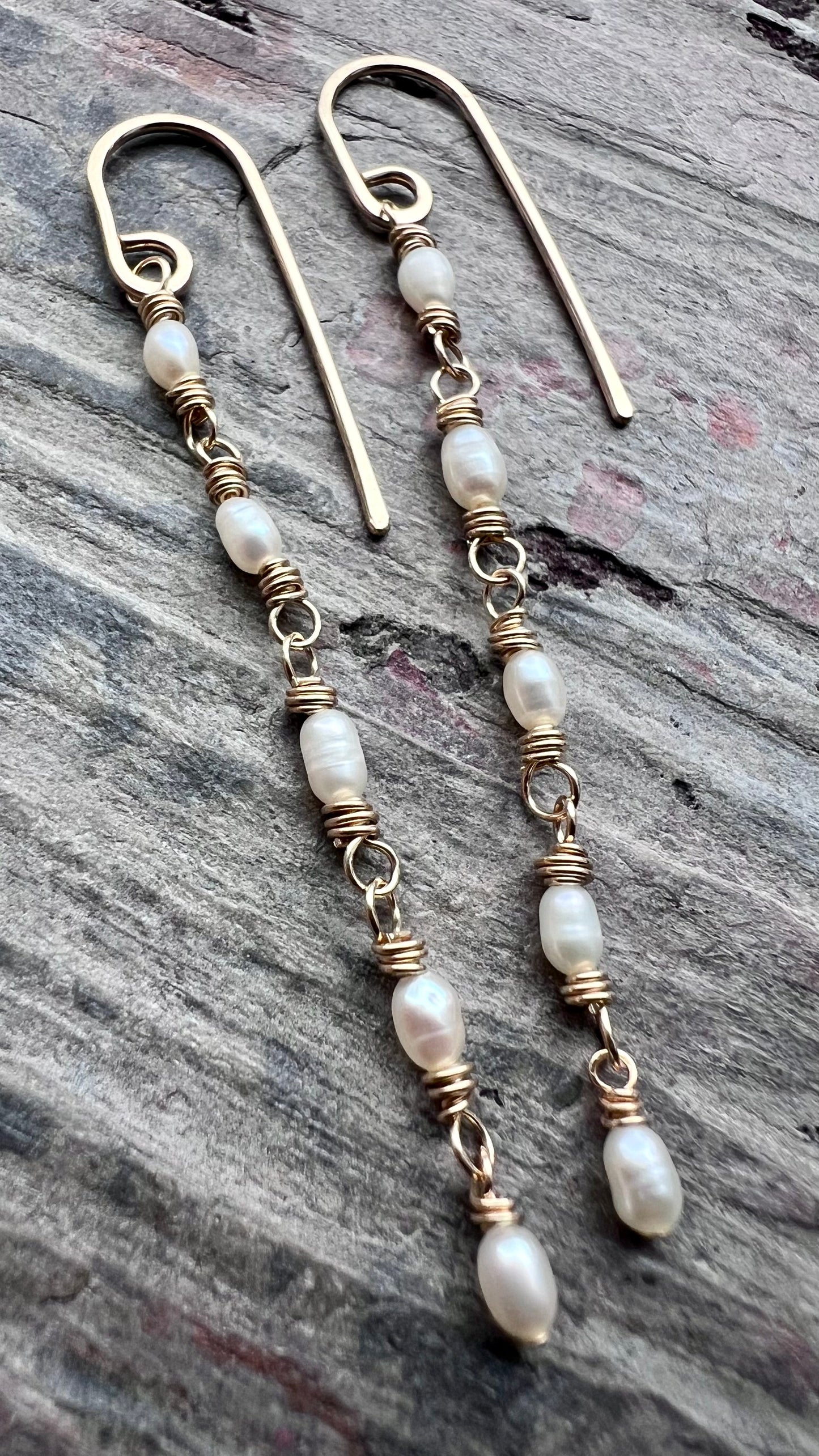 14k Goldfill Pearl Earrings | Long Genuine Pearl Gold or Silver Dangle Earrings