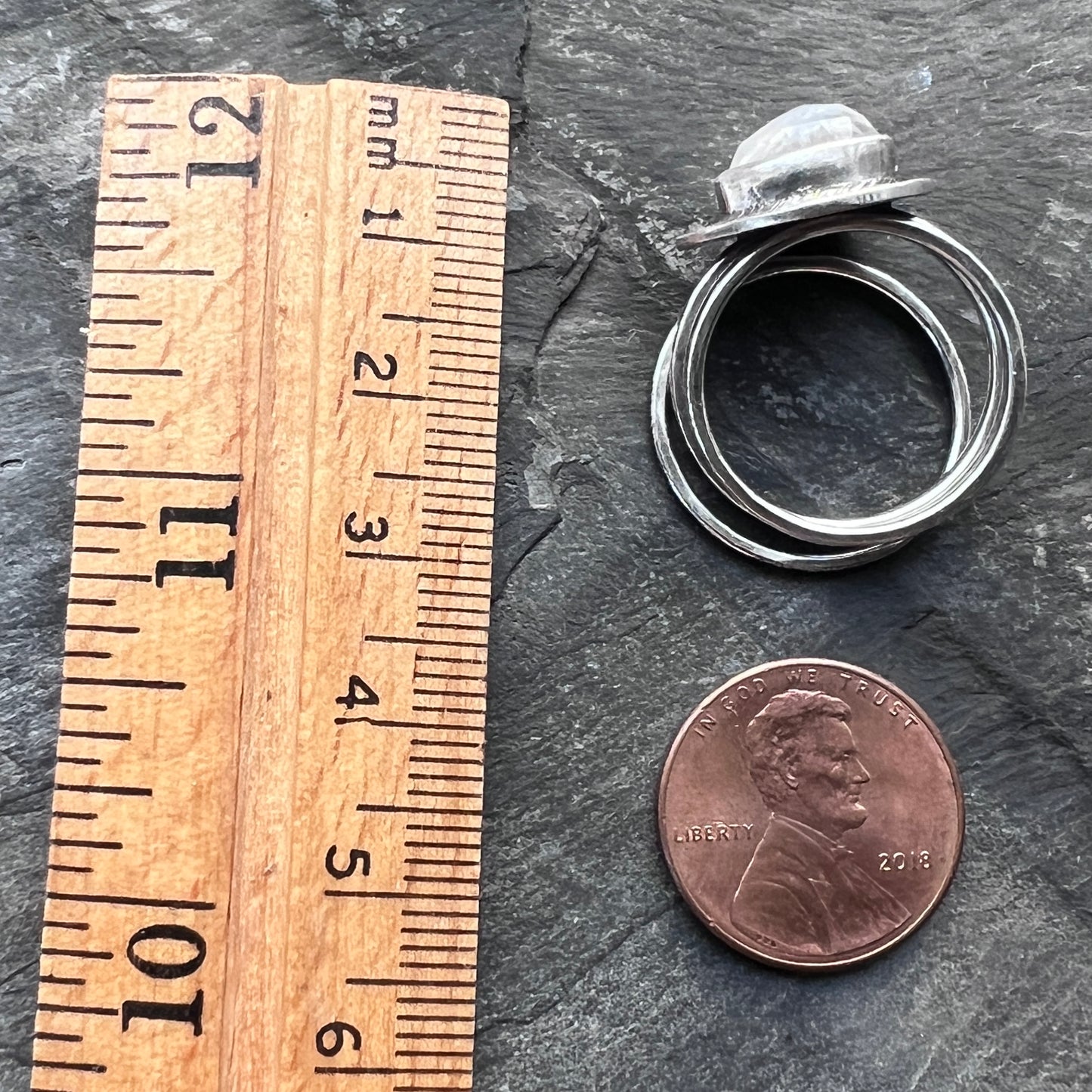 Sterling Silver Rainbow Moonstone Teardrop Skinny Stacking Ring Set - Size 8