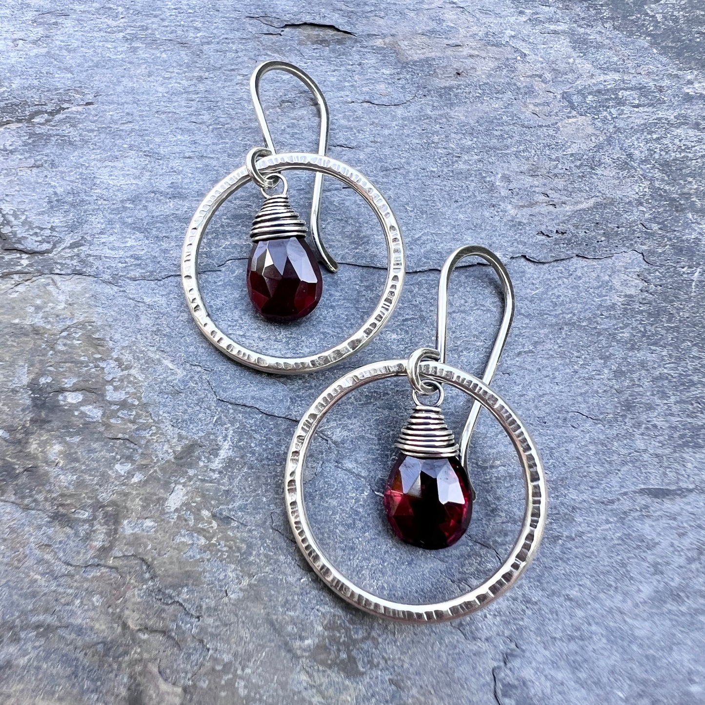 Genuine Garnet Sterling Silver Earrings | Deep Red Teardrops in Hammered Hoops