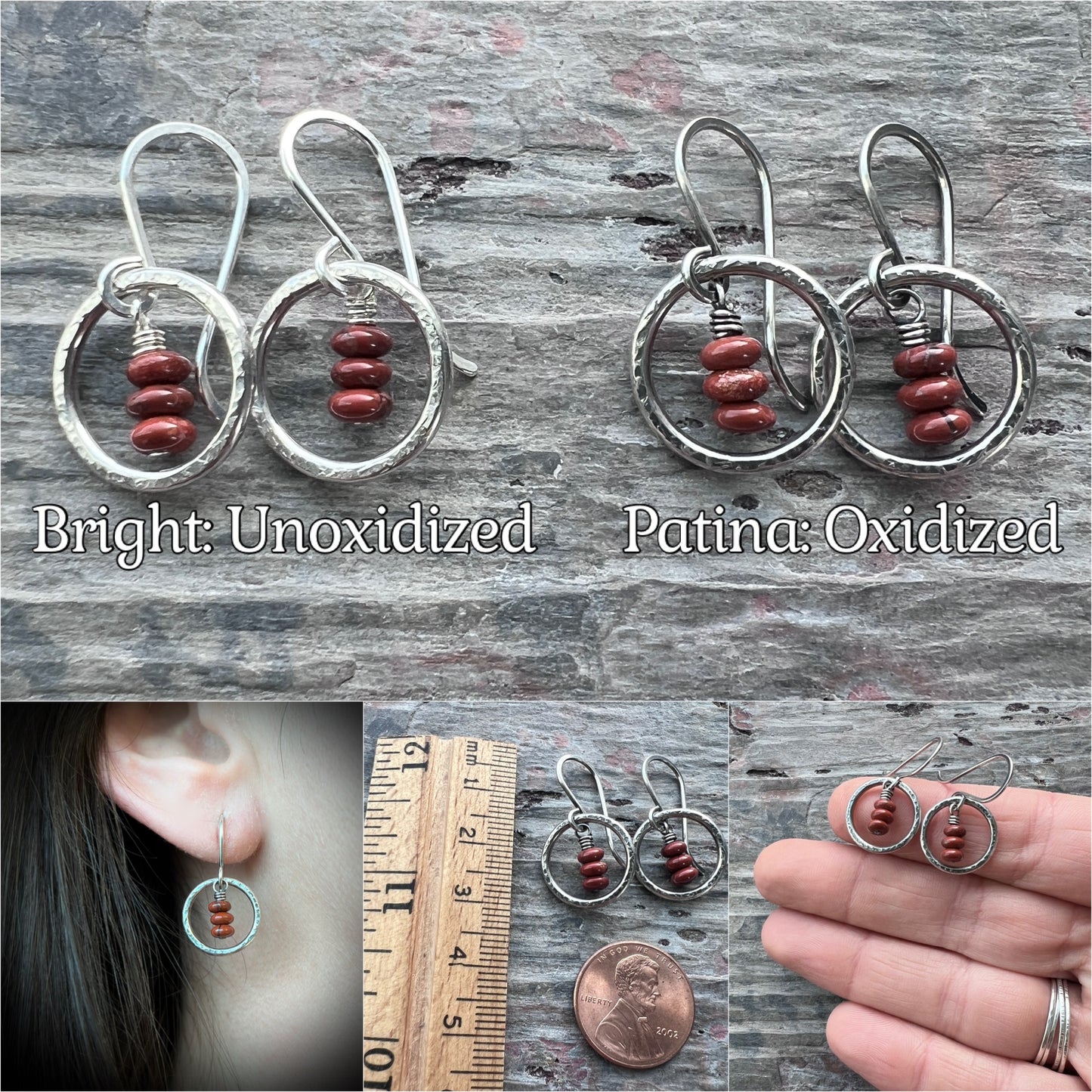 Sterling Silver Red Jasper Earrings | Natural Stones in Hammered Rings