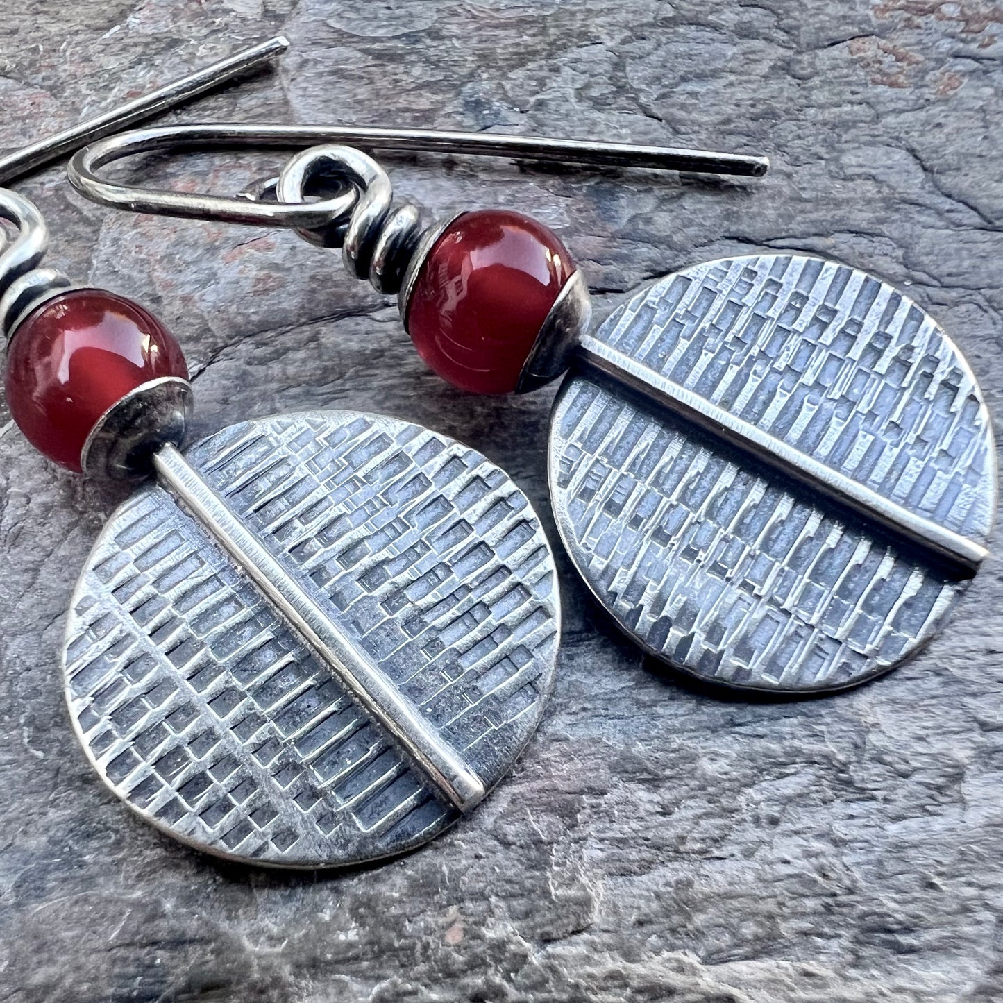 Carnelian Sterling Silver Earrings - Carnelian and Textured Sterling Silver on Handmade Earwires