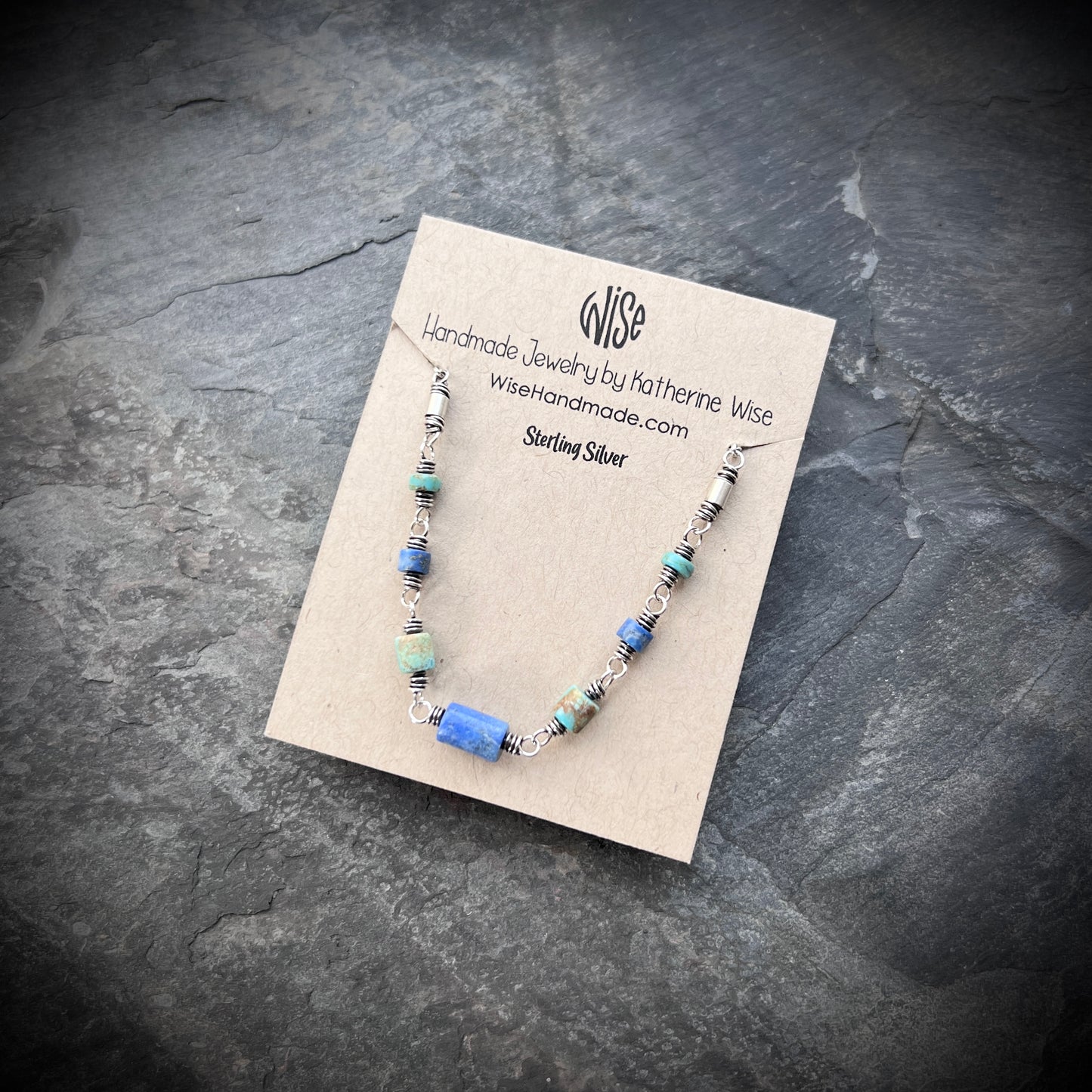 Genuine Turquoise and Lapis Lazuli Sterling Silver Necklace | Natural Stone Wire-wrapped Beaded Necklace