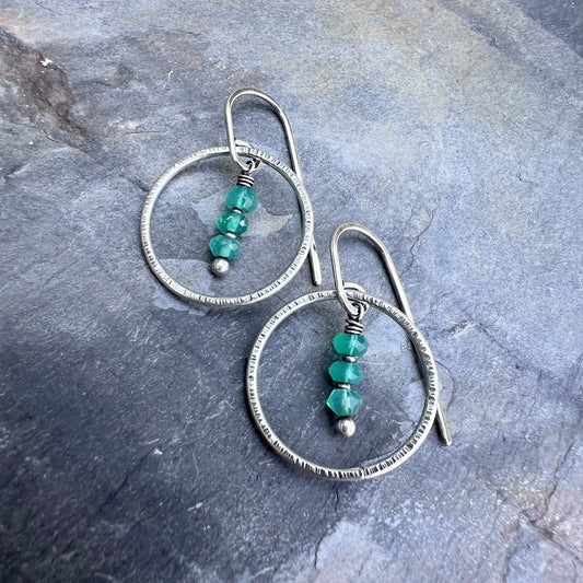 Green Onyx Sterling Silver Earrings | Emerald Green Natural Stone Dangle Hoops