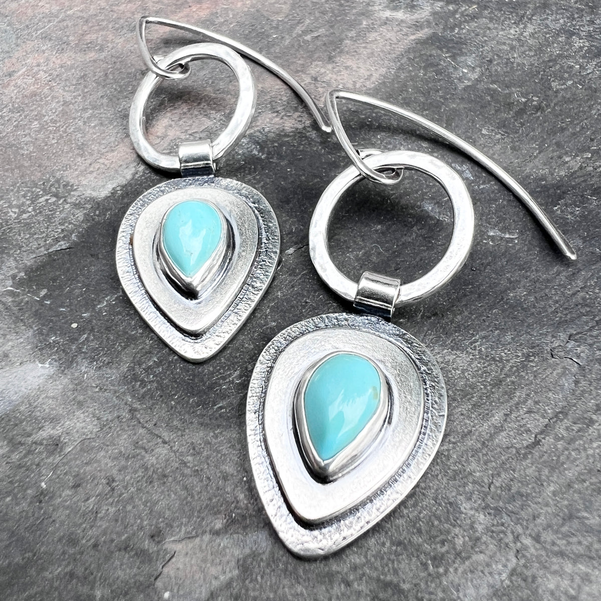 Turquoise Sterling Silver Teardrop Earrings | Genuine Natural Turquoise Cabochon Dangle Earrings