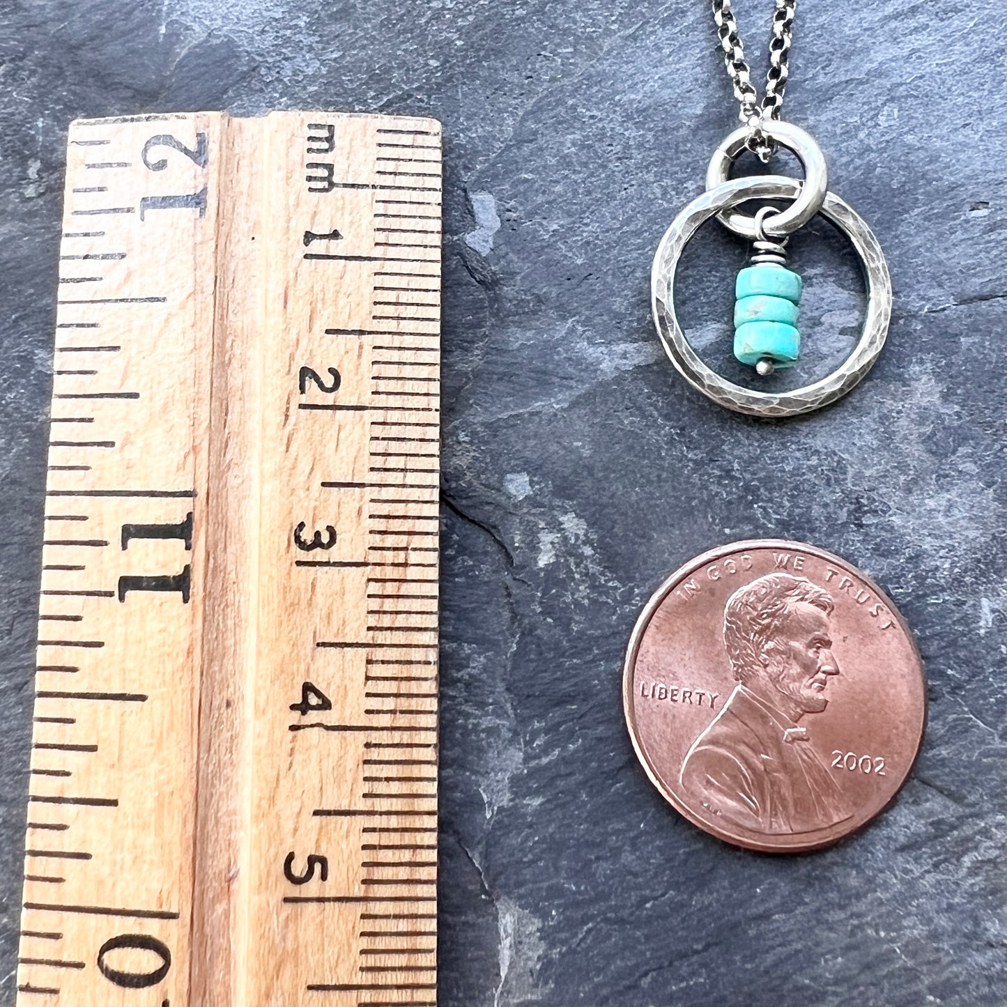 Turquoise Sterling Silver Necklace - Genuine Turquoise in Hammered Circle Pendant