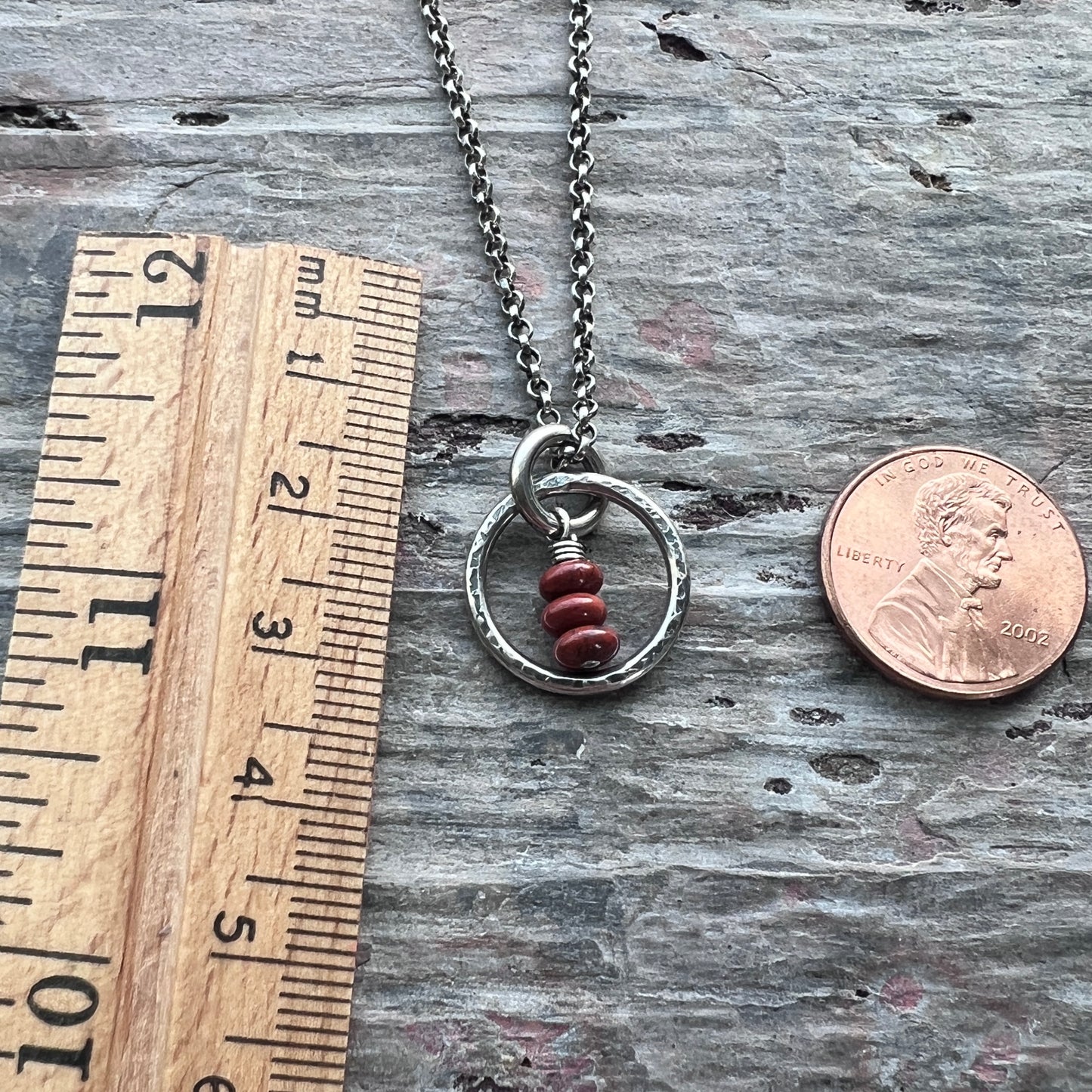 Sterling Silver Red Jasper Necklace | Natural Stones in Hammered Ring Pendant