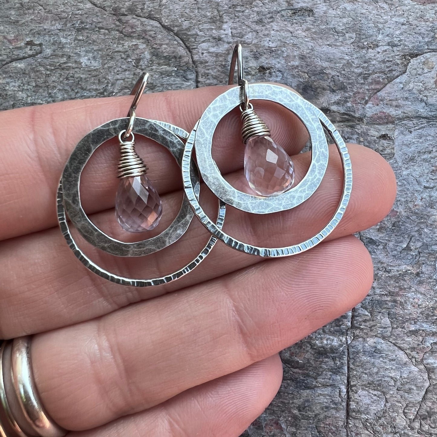 Pink Amethyst Sterling Silver Earrings - Genuine Pink Amethyst in Hammered Sterling Silver Circles