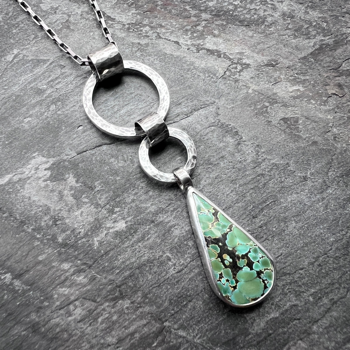 Sterling Silver Genuine Turquoise Necklace | Hammered Rings and Green Natural Stone Teardrop Pendant