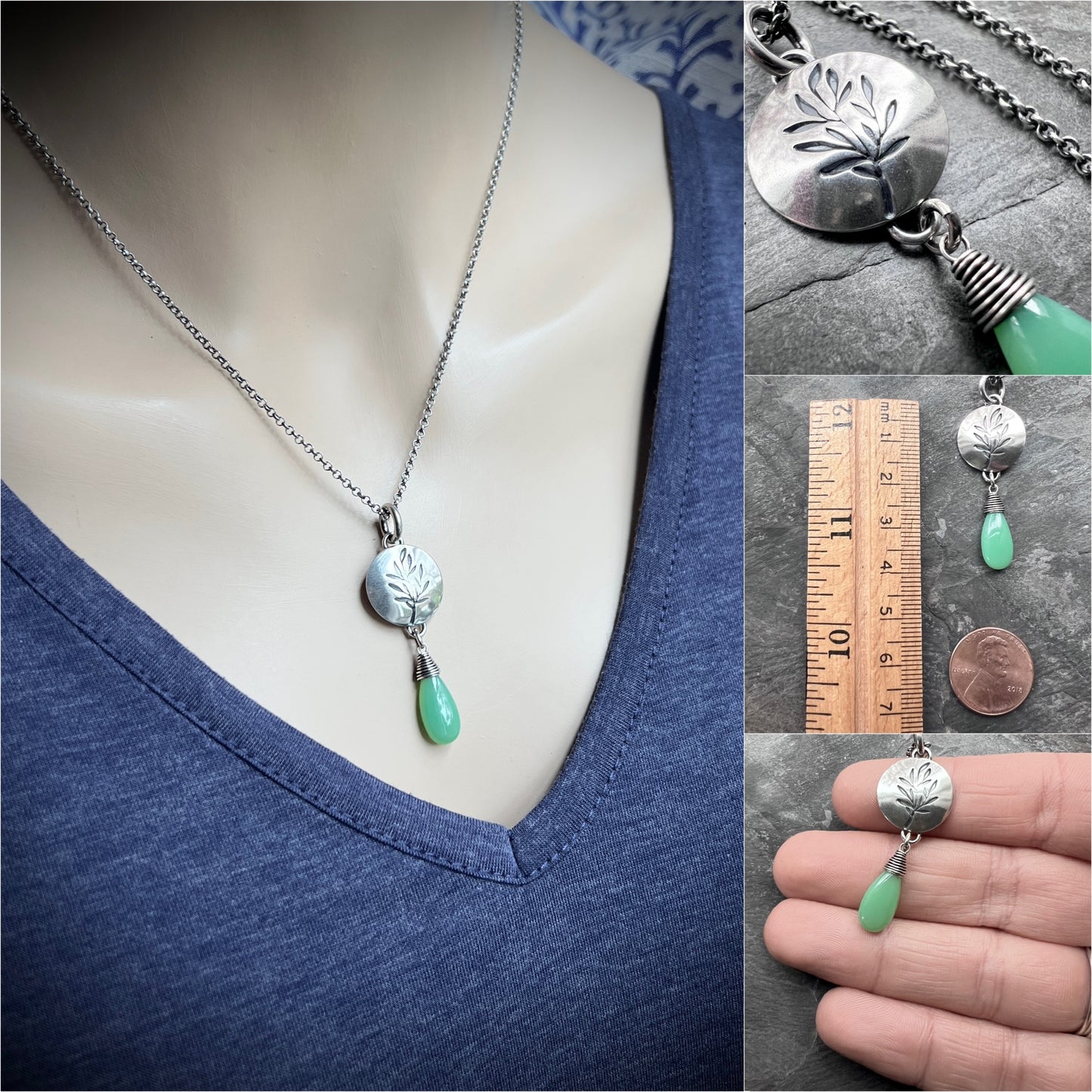 Sterling Silver Chrysoprase Necklace | Stamped Branch Circle with Green Teardrop Pendant