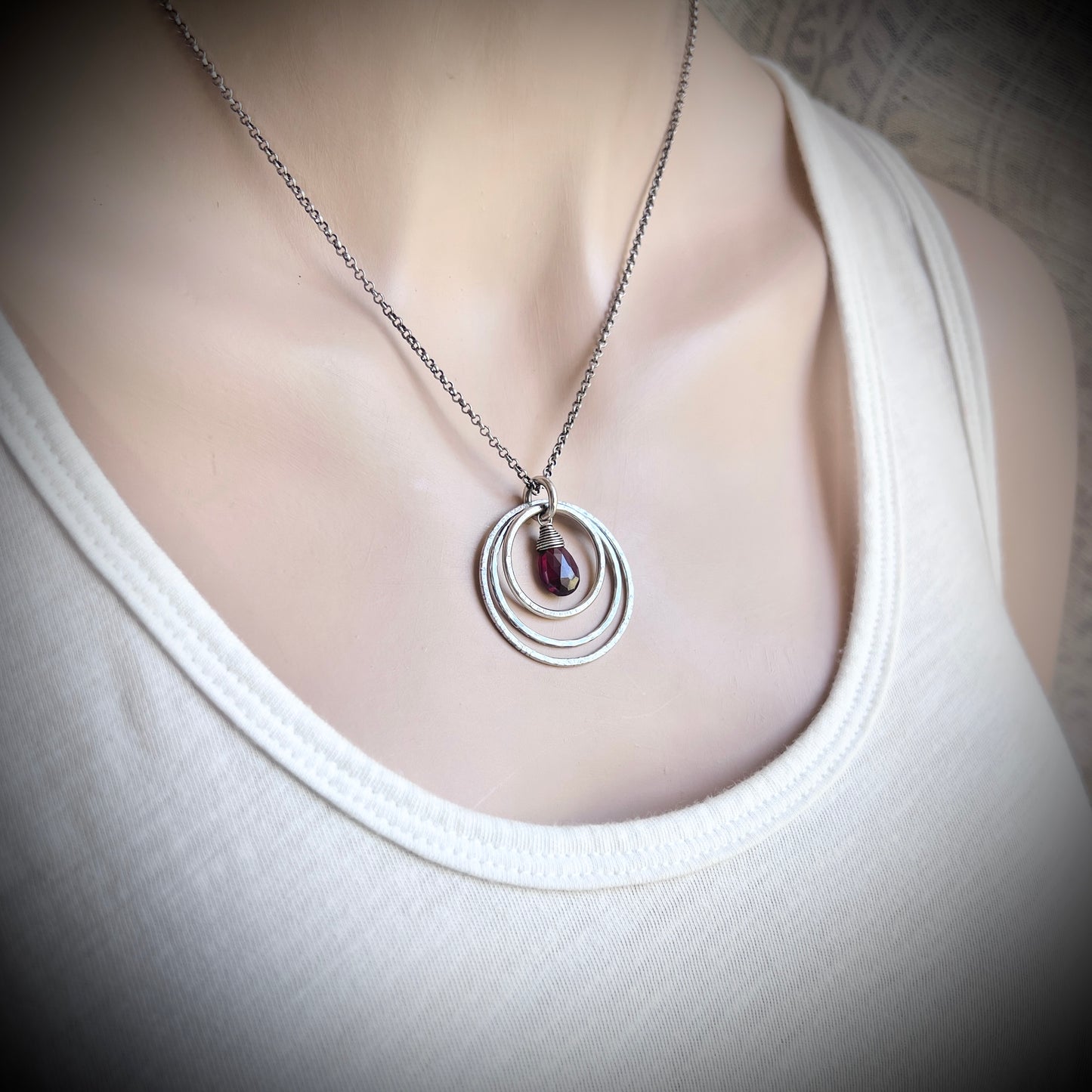 Genuine Garnet Sterling Silver Necklace | Deep Red Teardrop in Hammered Rings Pendant
