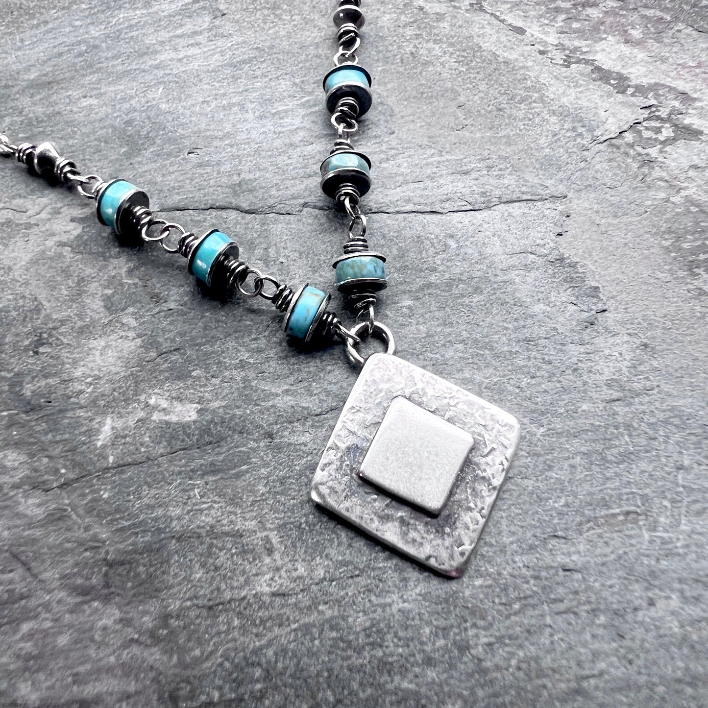 Genuine Turquoise Sterling Silver Necklace | Natural Stone Wire-wrapped Beads with Silver Diamond Pendant