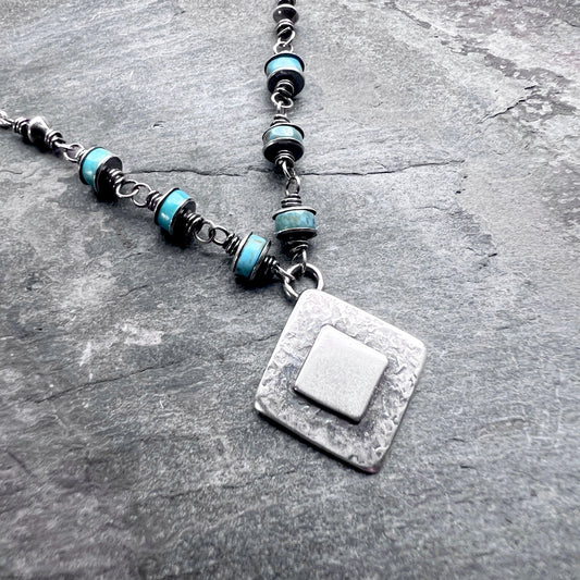 Genuine Turquoise Sterling Silver Necklace | Natural Stone Wire-wrapped Beads with Silver Diamond Pendant