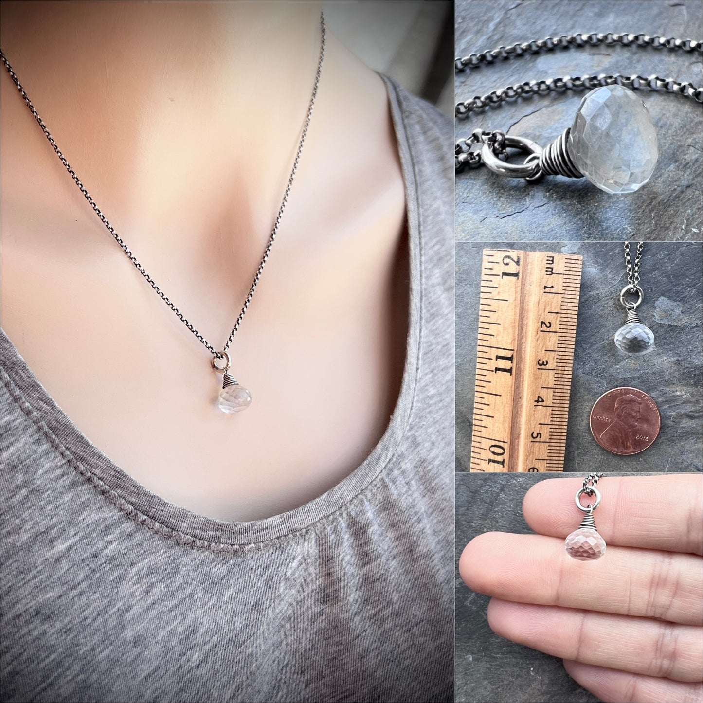 Sterling Silver Crystal Quartz Necklace | Clear Natural Stone Teardrop Pendant