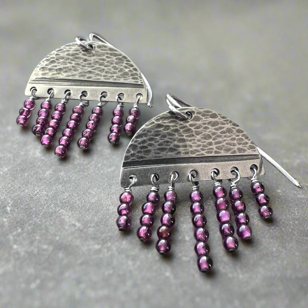 Garnet Sterling Silver Earrings | Hammered Silver and Genuine Garnet Fringe Dangles