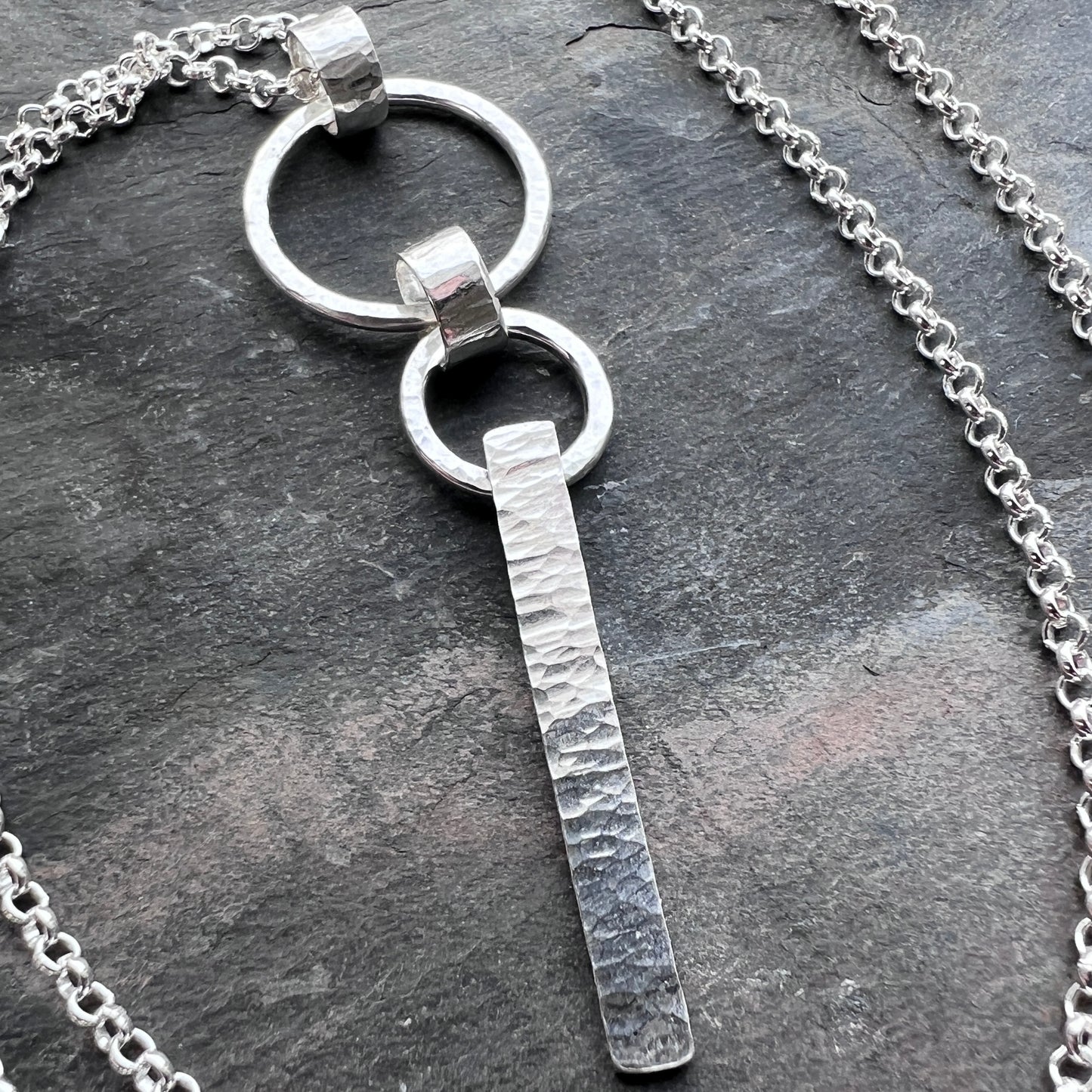 Sterling Silver Hammered Bar and Rings Necklace | Handmade Long Silver Pendant