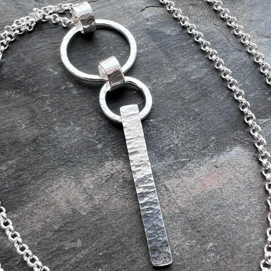 Sterling Silver Hammered Bar and Rings Necklace | Handmade Long Silver Pendant