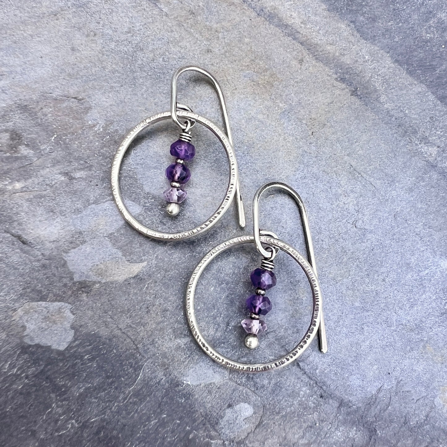 Amethyst Sterling Silver Earrings | Purple Natural Stone Dangle Hoops