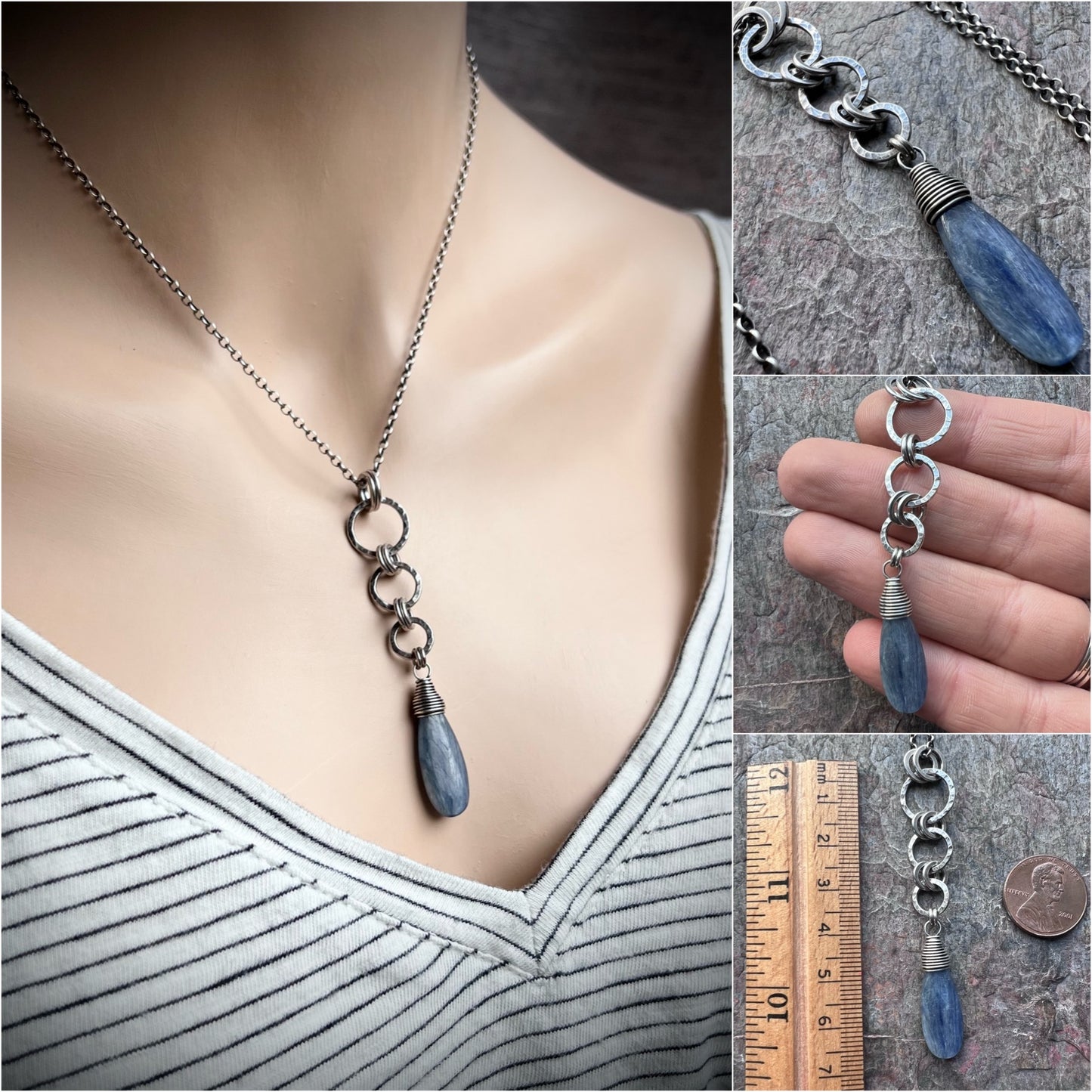Sterling Silver Blue Kyanite Necklace Natural Stone Hammered Silver Pendant Long Necklace