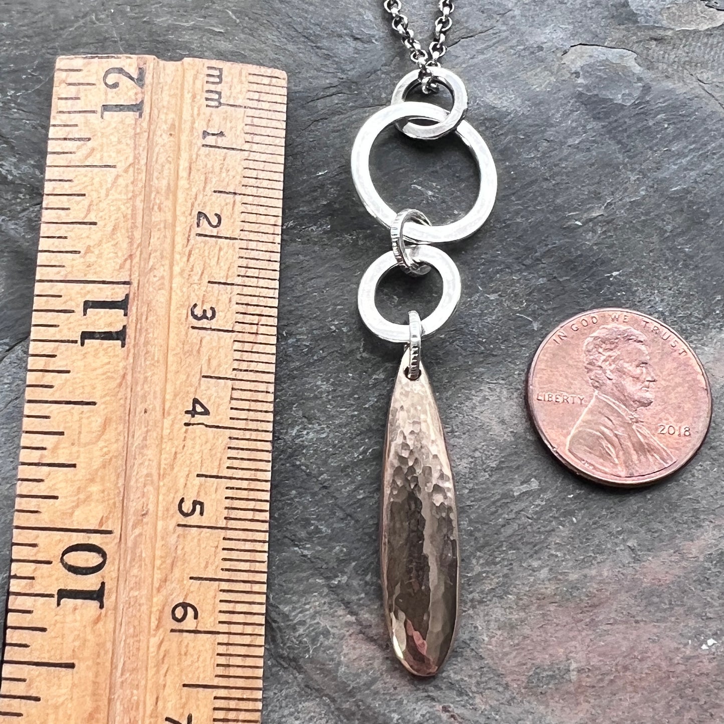 Sterling Silver and Bronze Teardrop on Rings Necklace | Minimalist Hammered Drop Pendant
