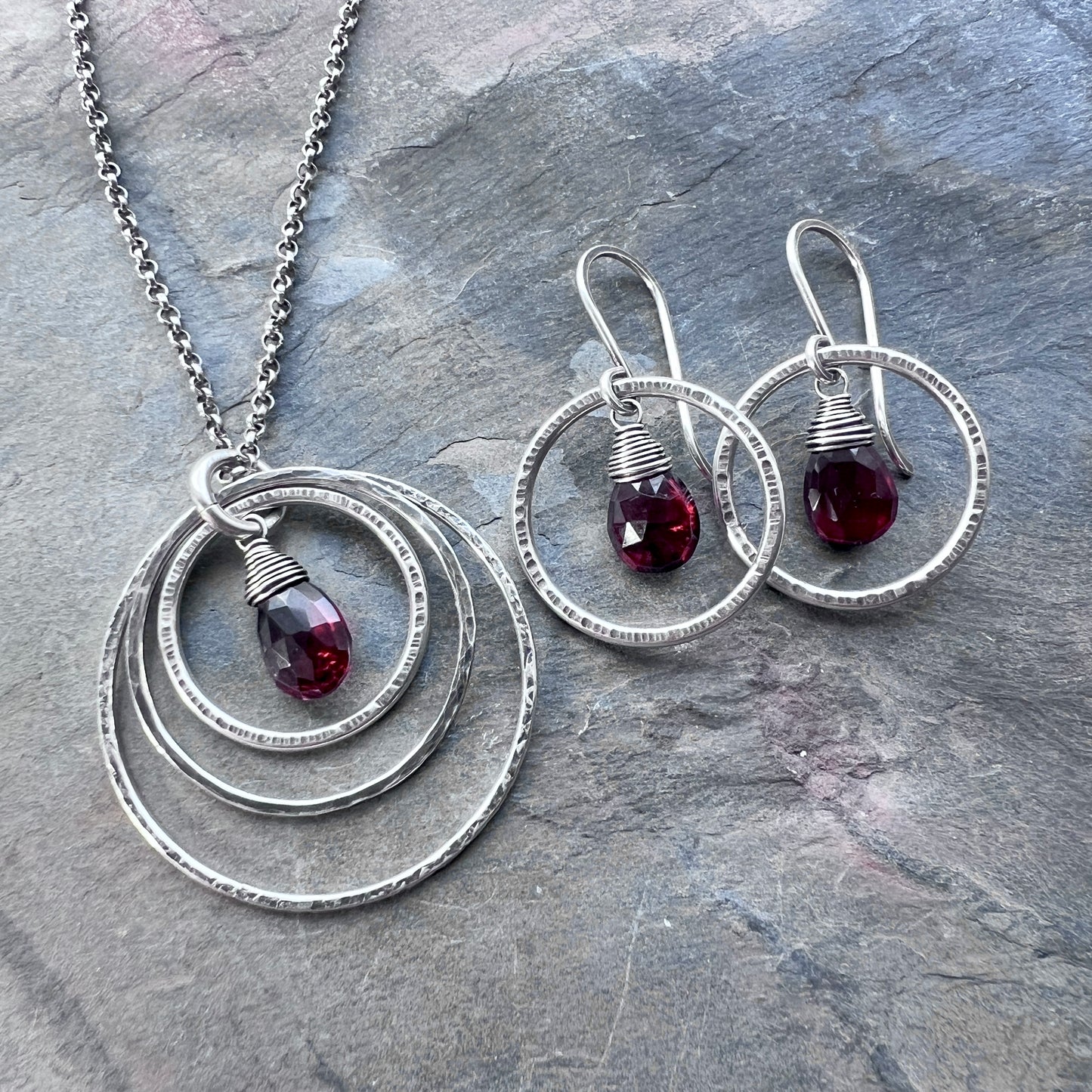 Genuine Garnet Sterling Silver Necklace | Deep Red Teardrop in Hammered Rings Pendant