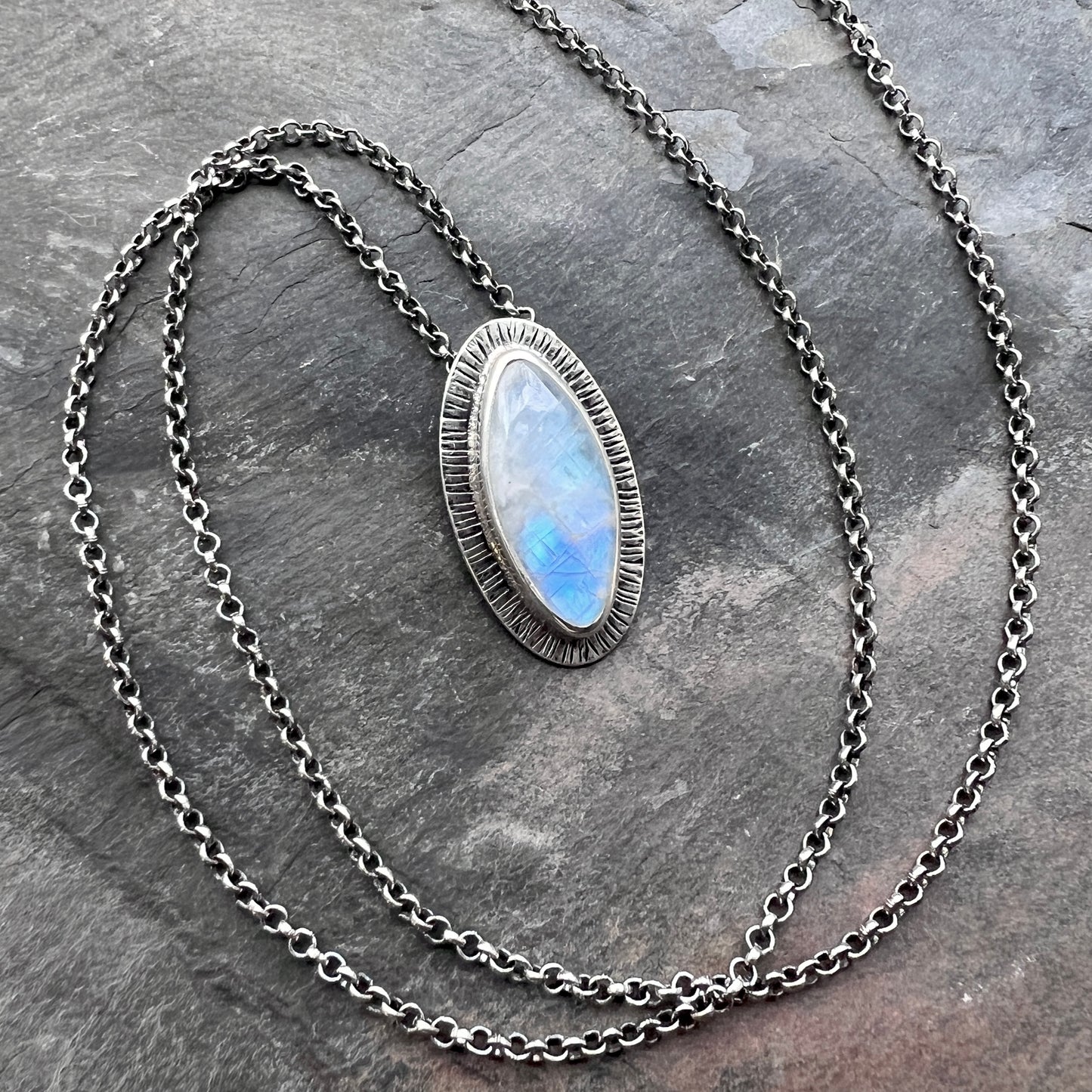 Sterling Silver Rainbow Moonstone Necklace | One-of-a-Kind Natural Stone Marquise Pendant