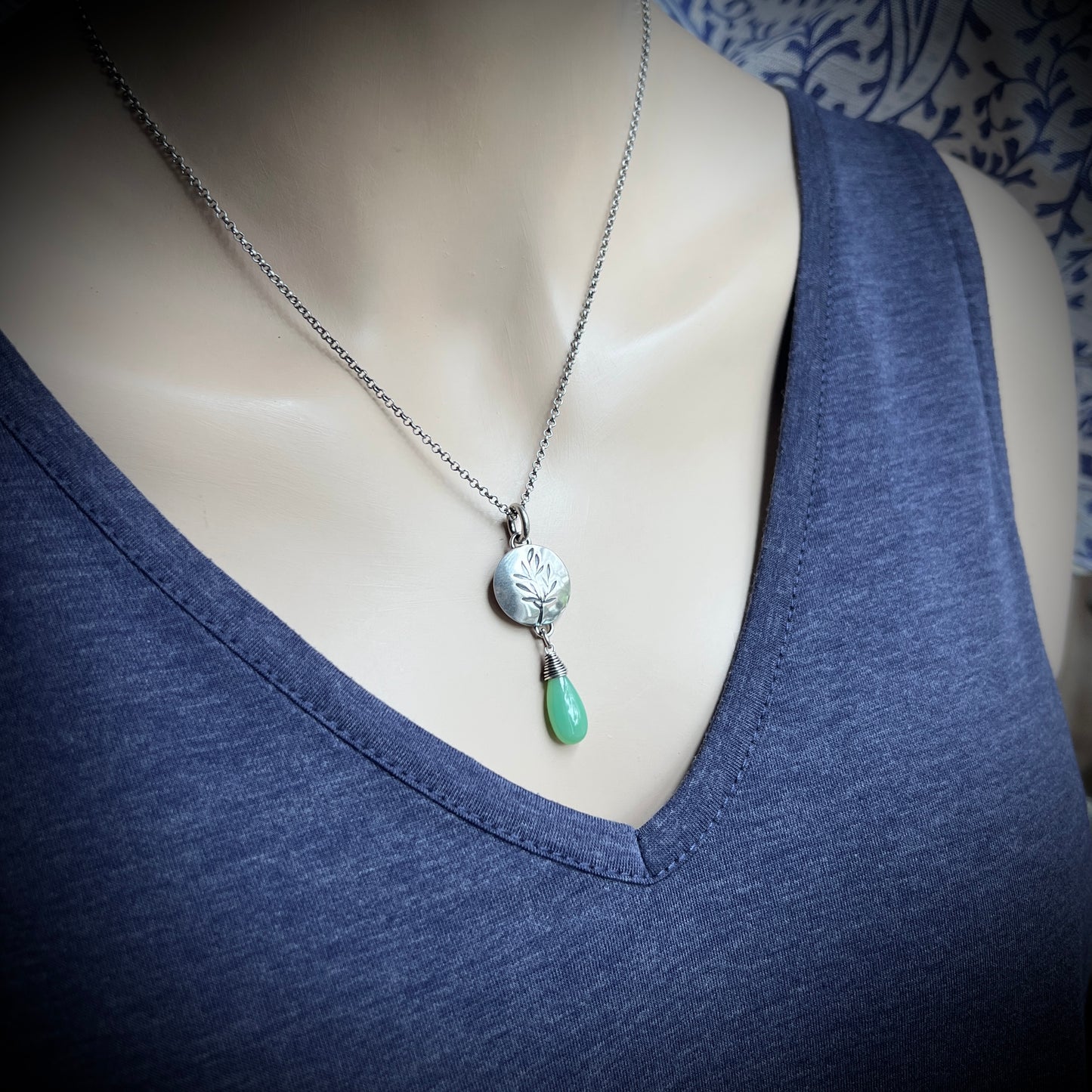 Sterling Silver Chrysoprase Necklace | Stamped Branch Circle with Green Teardrop Pendant