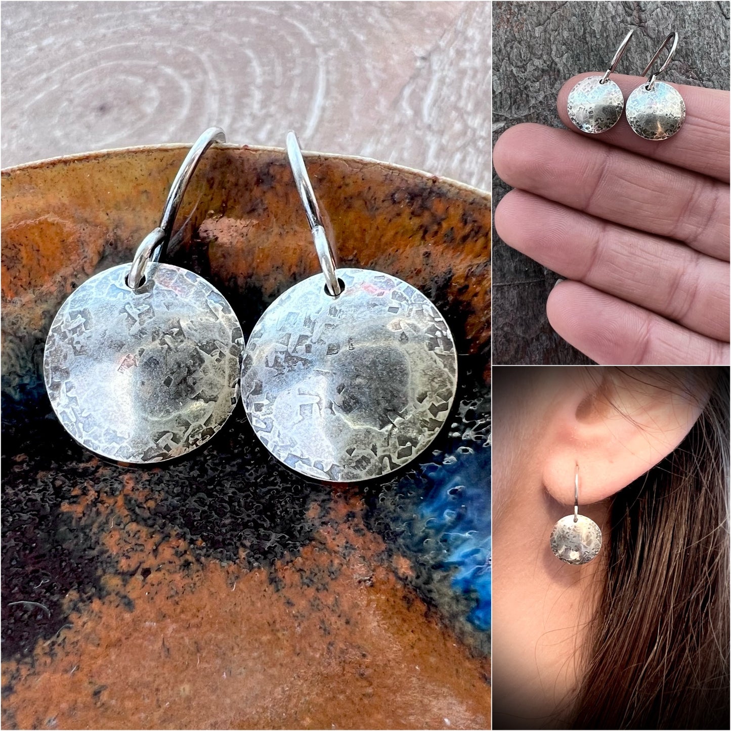 Sterling Silver Disc Earrings Minimalist Solid Silver Hammered Drop Dangle Earrings