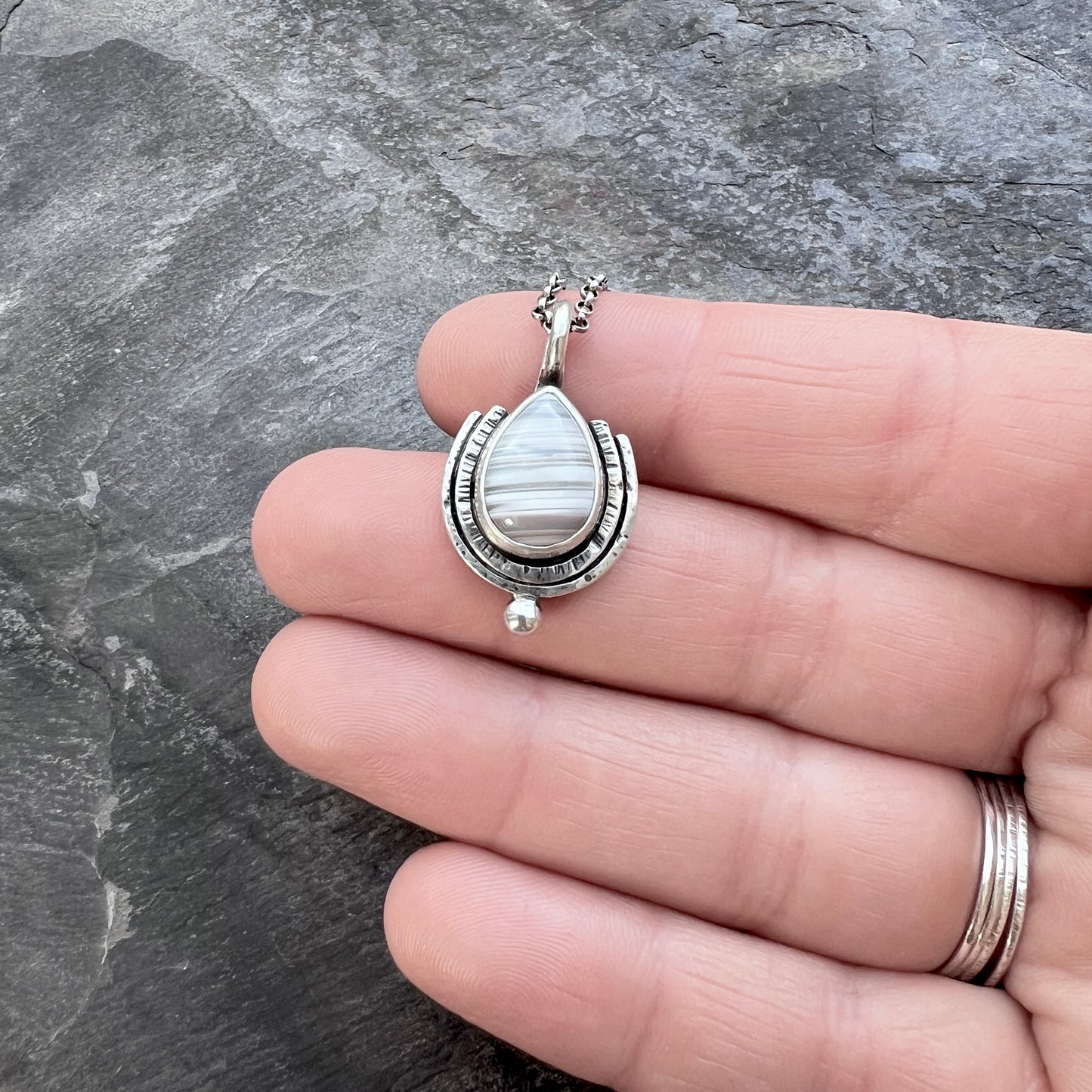 Sterling Silver Banded Agate Necklace | Natural Stone Teardrop Pendant