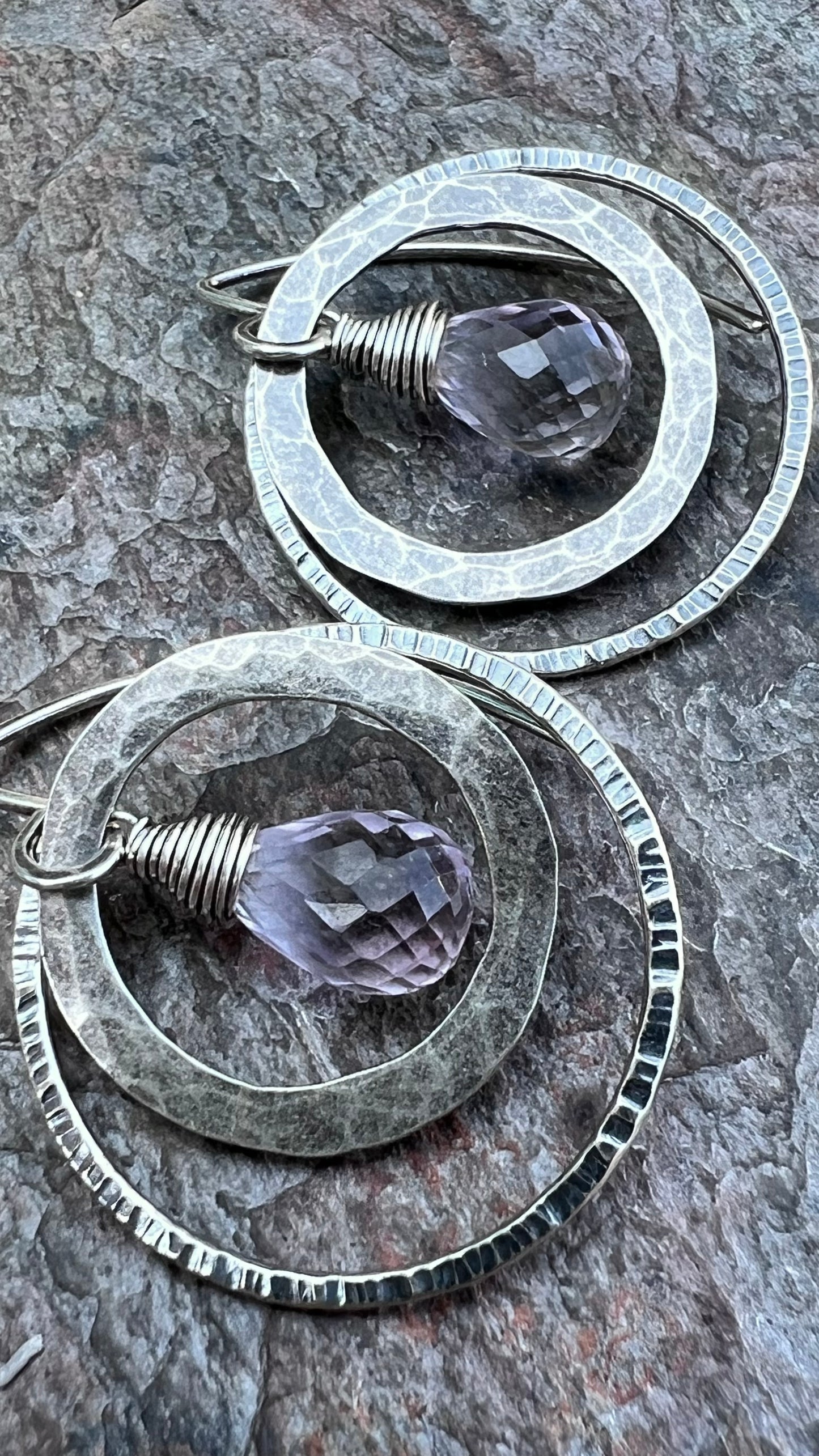 Pink Amethyst Sterling Silver Earrings - Genuine Pink Amethyst in Hammered Sterling Silver Circles