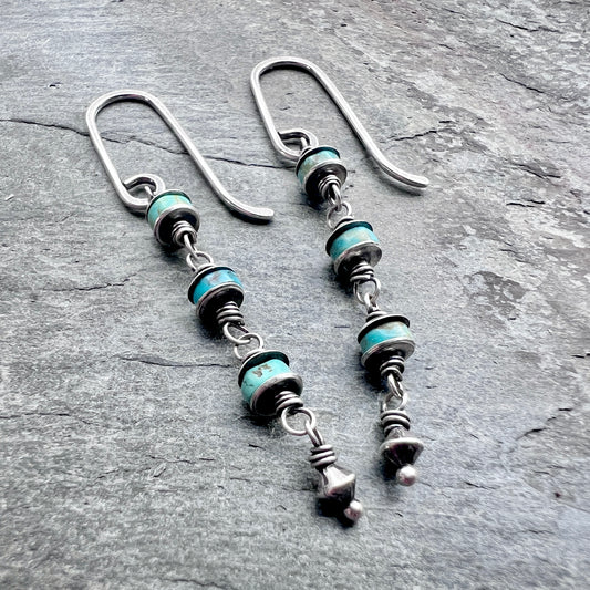 Genuine Turquoise Sterling Silver Earrings | Natural Stone Wire-wrapped Beads Dangle Earrings