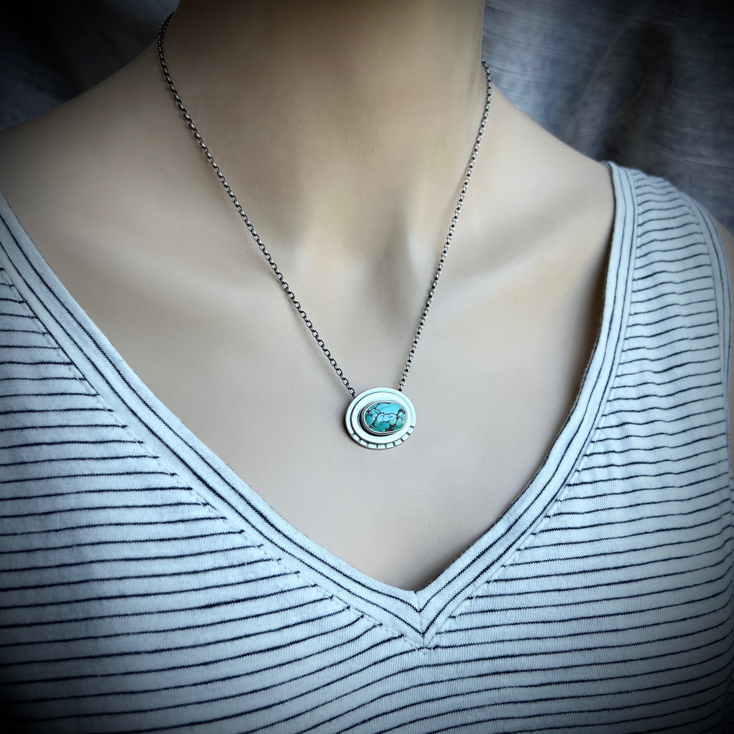 Sterling Silver Genuine Turquoise Necklace | Natural Stone Layered Oval Pendant