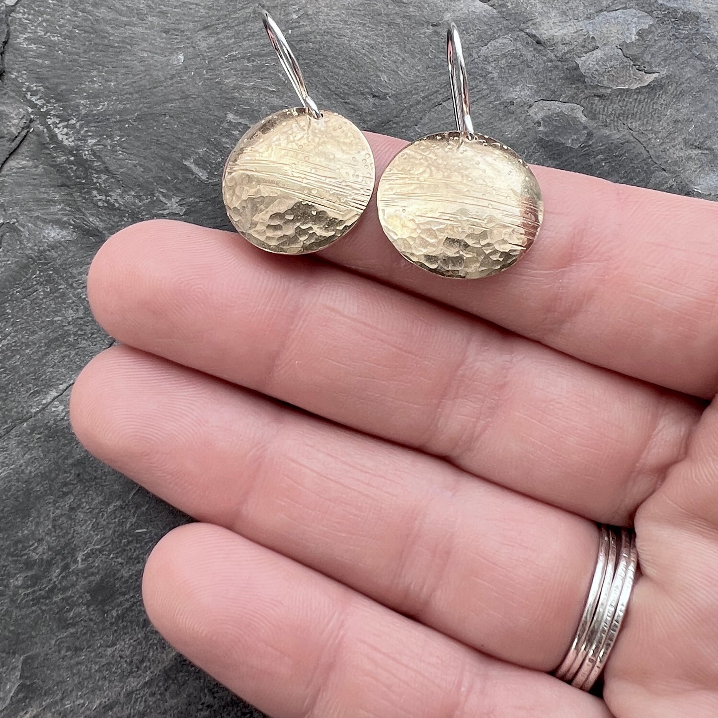 Brass and Sterling Silver Circle Earrings | Multi Textured Hammered Disc Dangles
