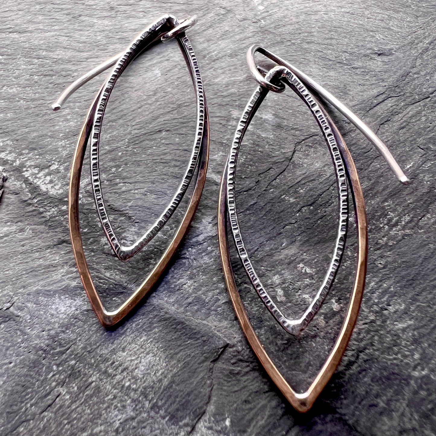 Sterling Silver and Brass Earrings | Mixed Metal Long Marquise Dangles